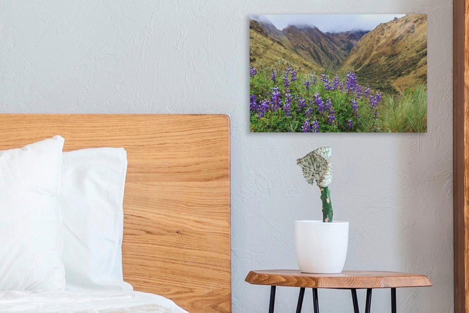 Aufhängefertig, cm Peru, (1 Machu Wandbild mit Leinwandbild nach 30x20 OneMillionCanvasses® Blumen Wanddeko, Leinwandbilder, lila Picchu Inka-Bergpfad St),