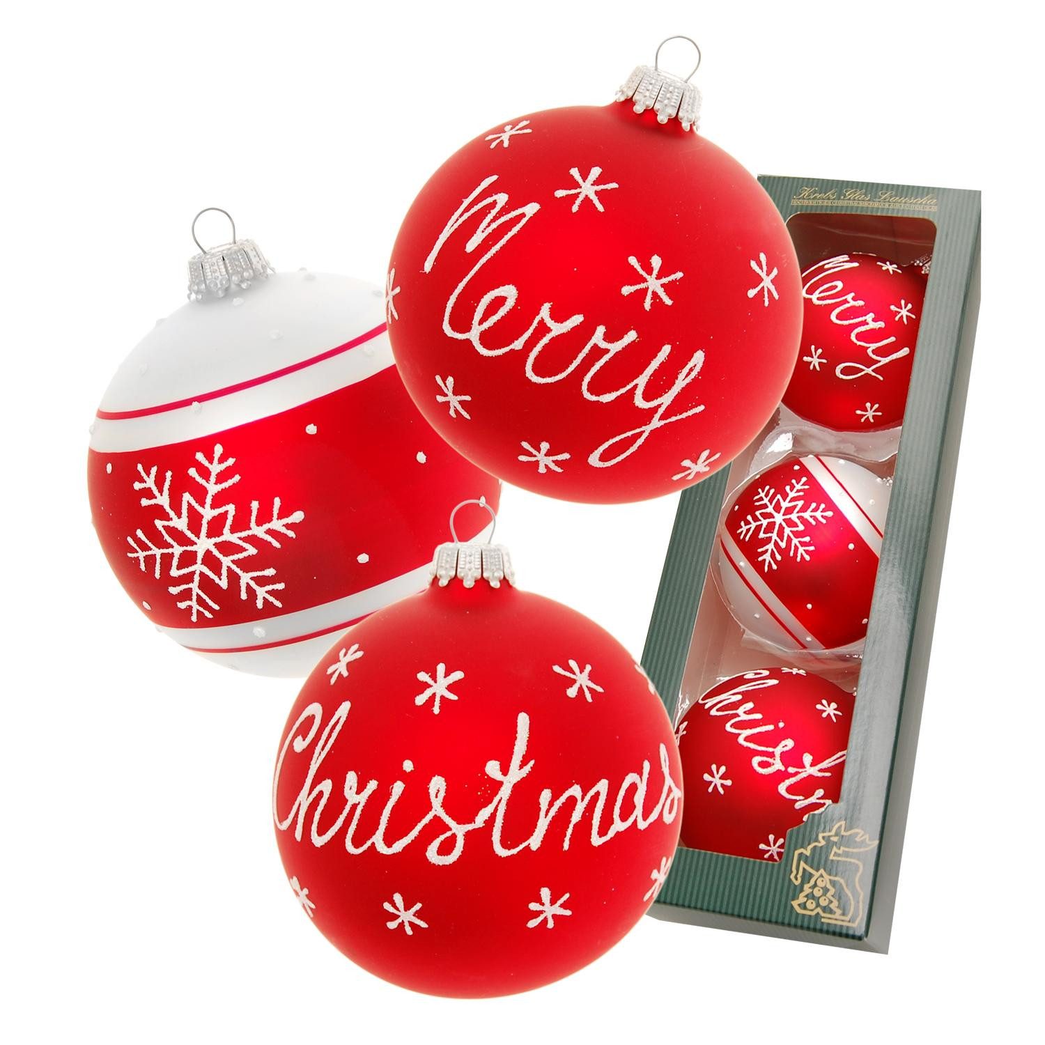 Krebs Glas Lauscha Christbaumschmuck 3er Glaskugelset - Scandic Xmas "Merry Christmas" - ca. 8cm, für elegante Weihnachtsbäume oder festliche Tafeln