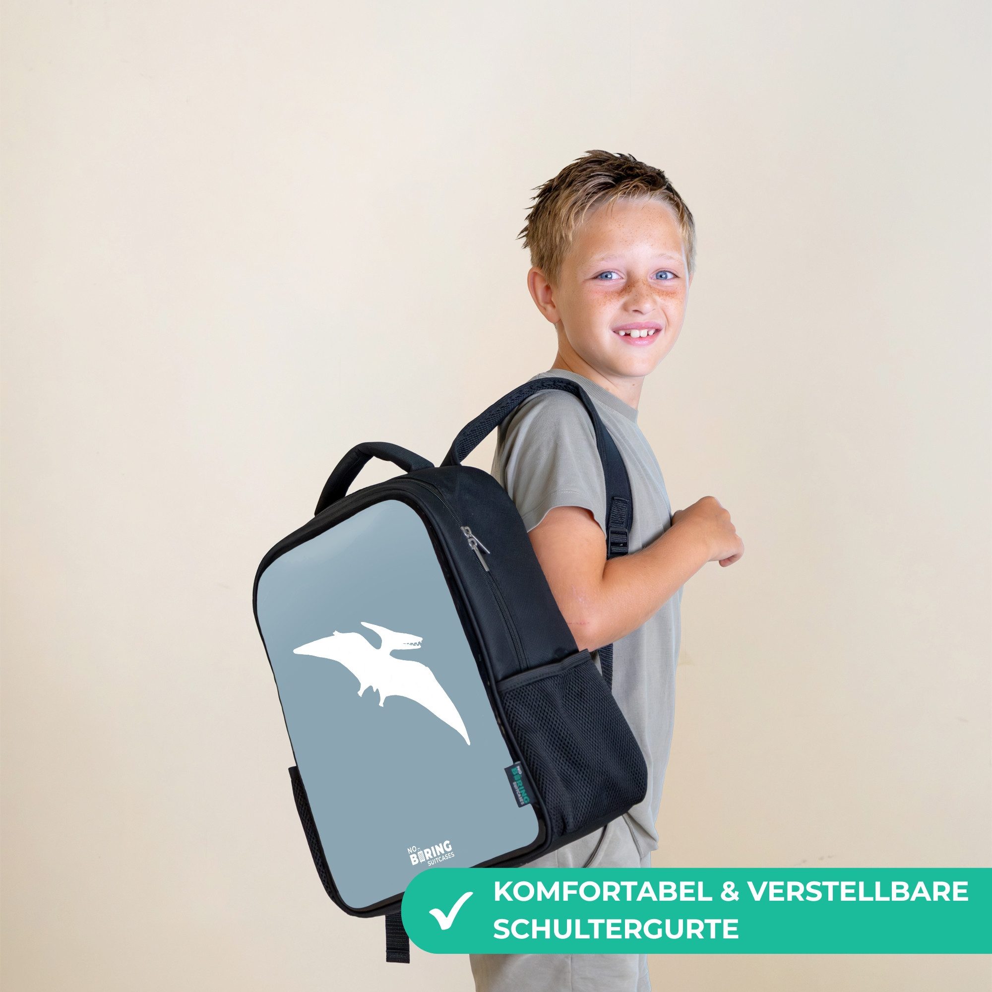 NoBoringSuitcases.com© Rucksack Blau mit Pteranodon-Dino, Kinderrucksack Schwarz, Schulrucksack, Freizeitrucksack Jungen Mädchen