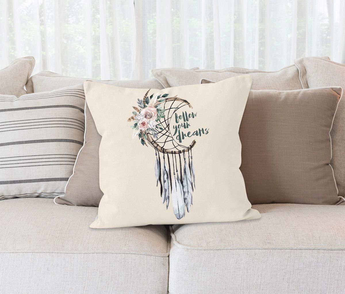 Blumen Spruch Follow Spruch Dekokissen Boho Dreams Dreamcatcher Kissenbezug Traumfänger Deko-Kissen Kissen-Hülle Federn your Autiga® Autiga natur