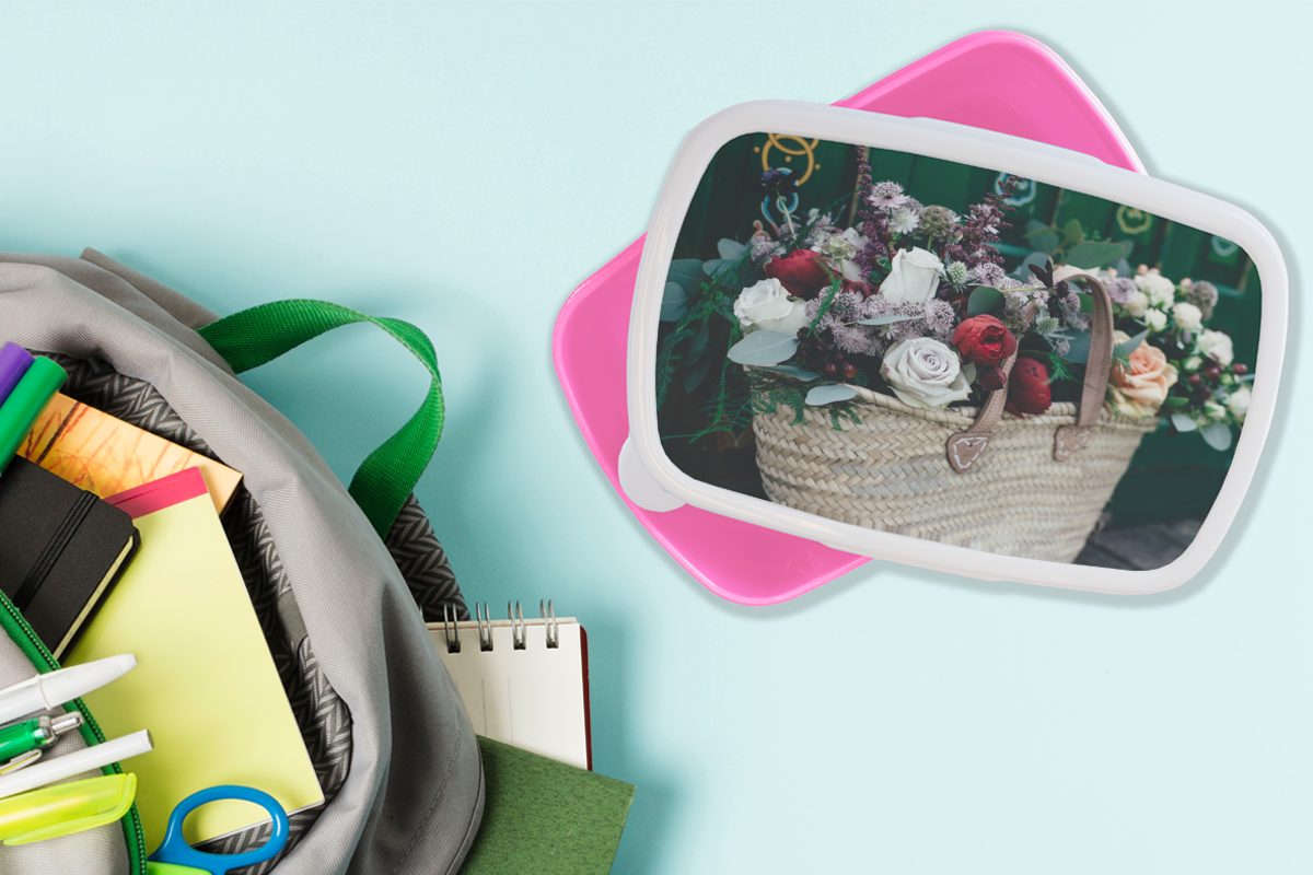 Kinder, Brotdose Kunststoff Lunchbox Blumen für - Mädchen, rosa Rosen Snackbox, MuchoWow (2-tlg), Kunststoff, - Erwachsene, Korb, Brotbox