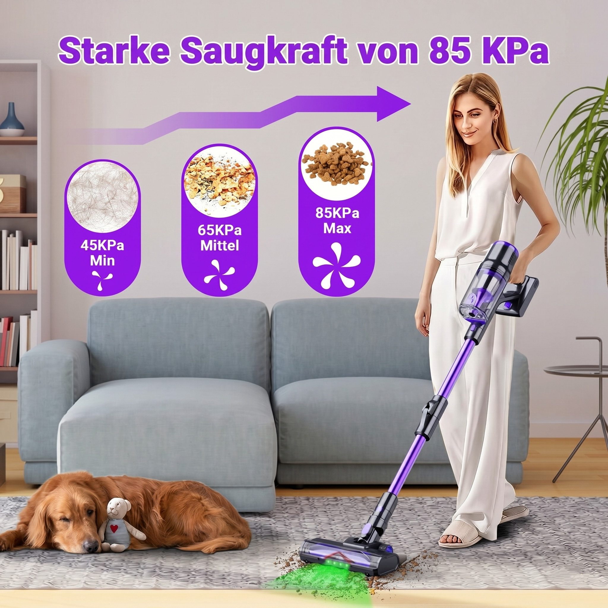 Blossom Akku-Hand-und Stielstaubsauger Akku Staubsauger 85000Pa/650W/65Min, 2L Staubsauger Kabellos, 2 L, 50dB leise/6-Stufen-Filter/OLED Display,Ideal für Böden/Teppiche/Auto