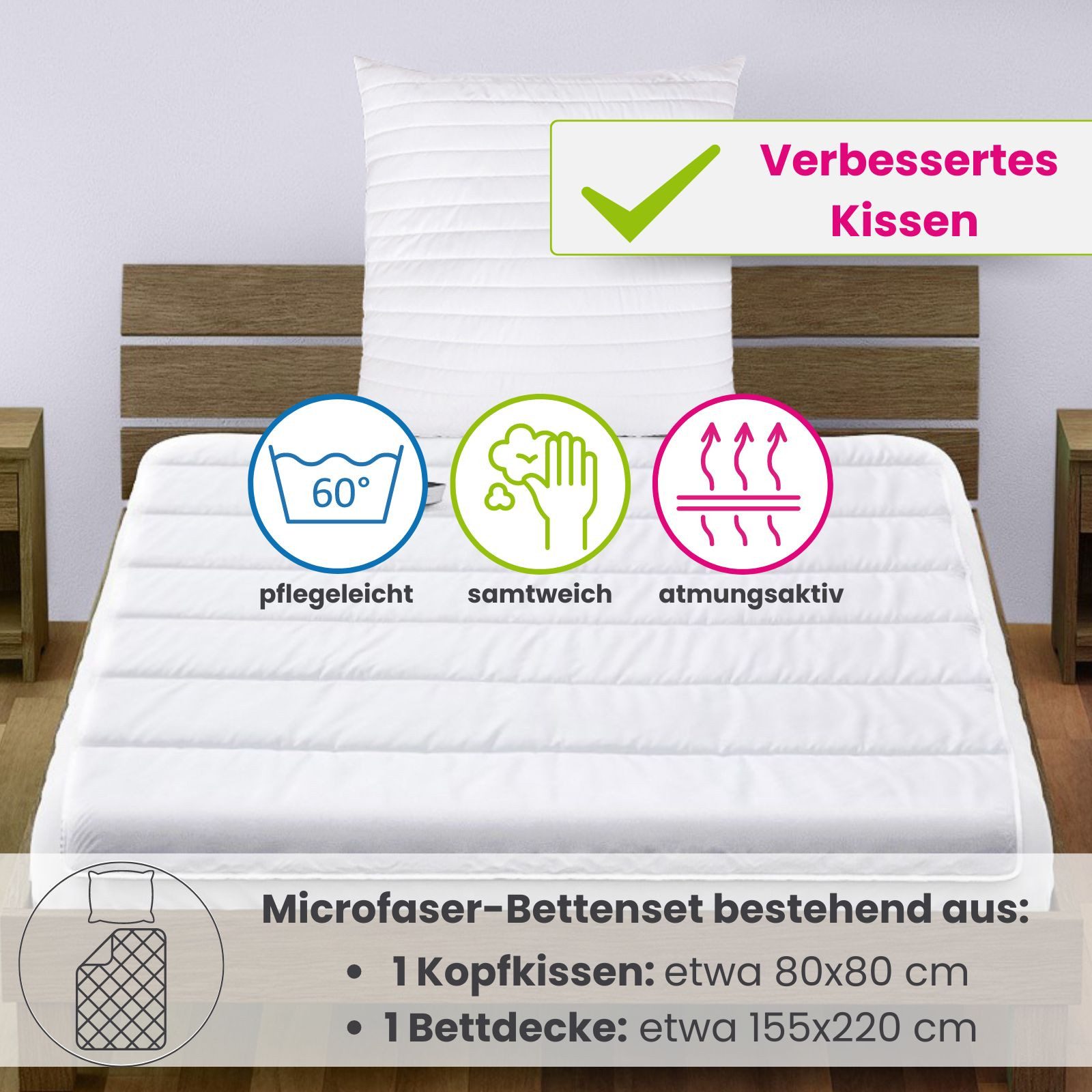 wometo Microfaserbettdecke + Kopfkissen 2er Set Bettdecke 155x220 cm und Kopfkissen Basic (Bettenset), OEKO-TEX®, 2 Ganzjahres-Bettdecken & 2 Kopfkissen, Übergr – Bild 2 von 5