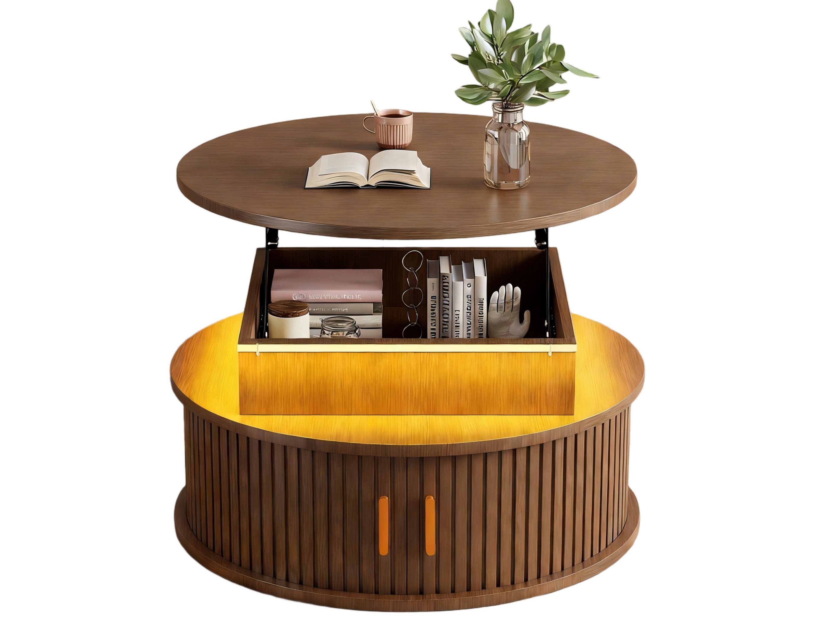SeedWave Couchtisch 75cm Sofatisch mit Hochglanz-Hebeplatte, Schiebetüren, LED-Beleuchtung, quadratischer Aufbewahrungskasten