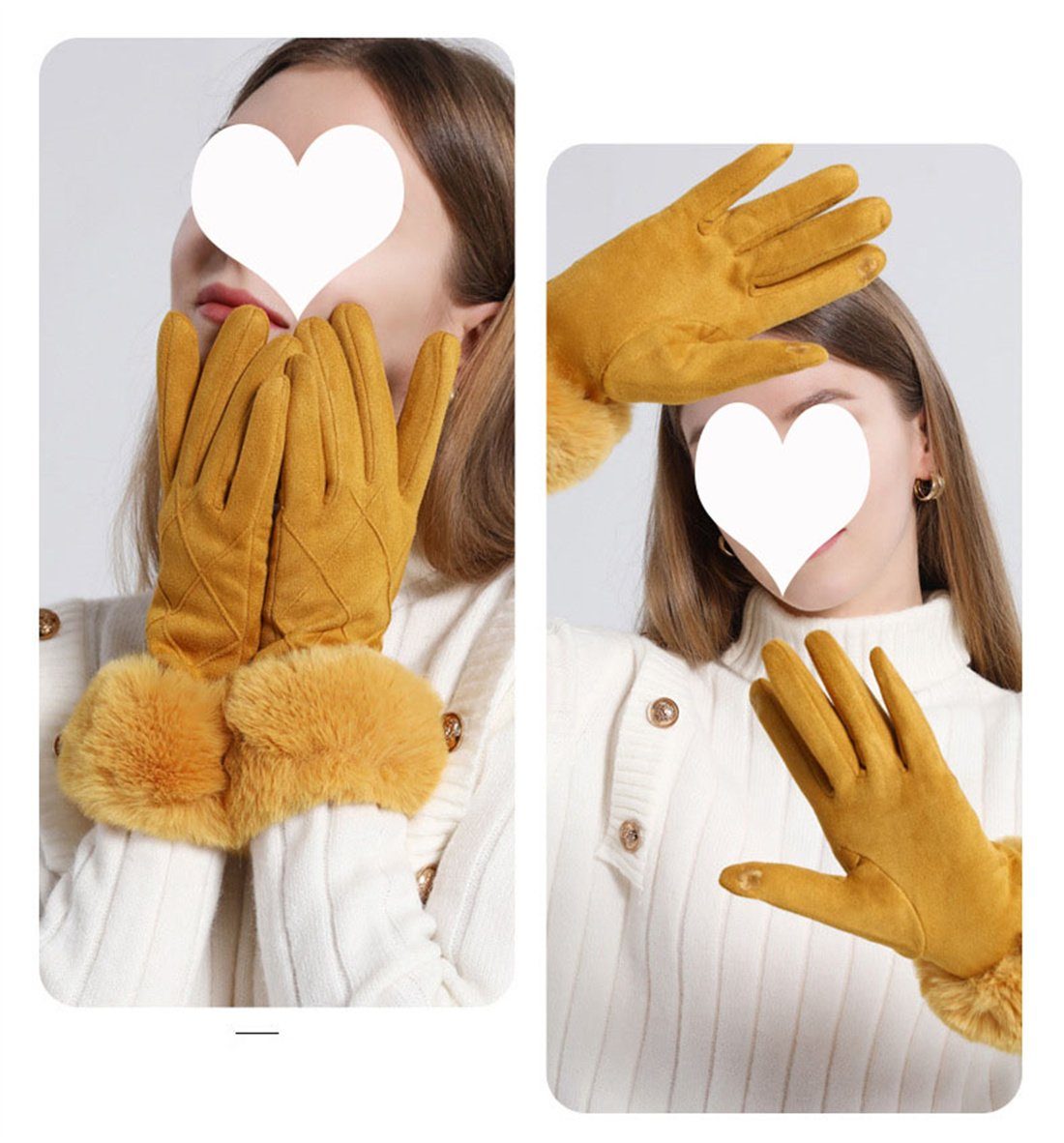 DÖRÖY Fleecehandschuhe Damen Kunstfell gepolsterte Gelb Handschuhe Handschuhe, warme Touchscreen