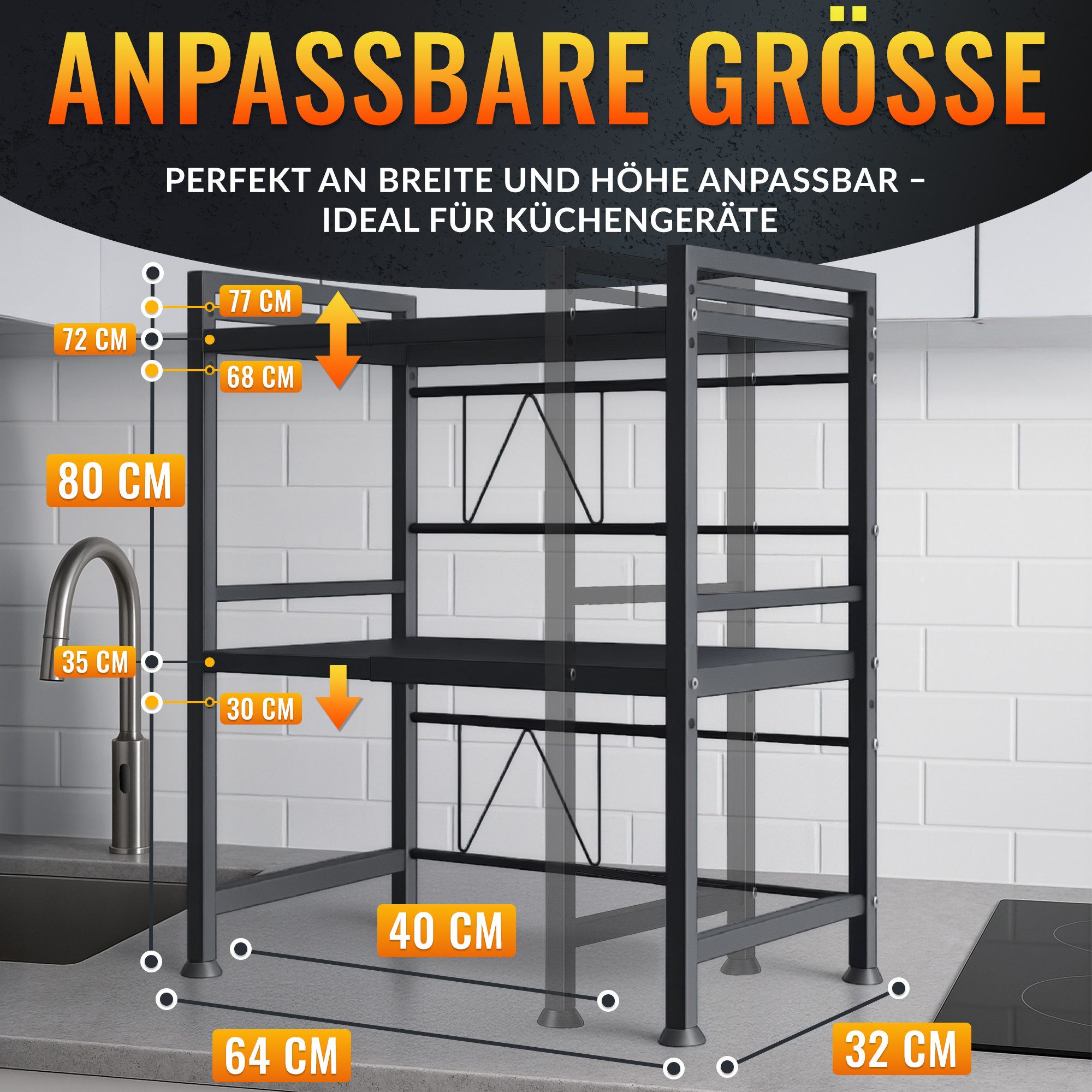 Allyson Regalelement Multifunktions-Mikrowellenregal Ausziehbares & Höhenverstellbar, Packungs-Set, 3-stufig, ausziehbar 40-64cm, Tragkraft 100kg