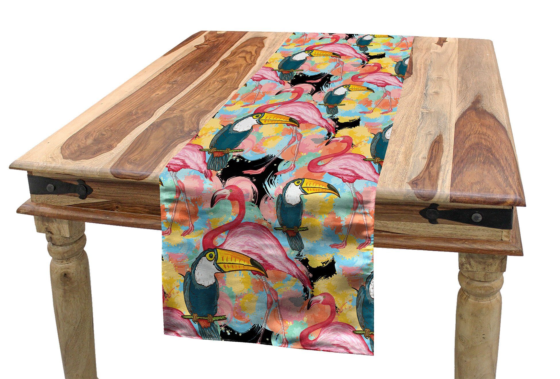 Abakuhaus Tischläufer Esszimmer Küche Rechteckiger Dekorativer Tischläufer, Tropisch Toucan Papageien Flamingos