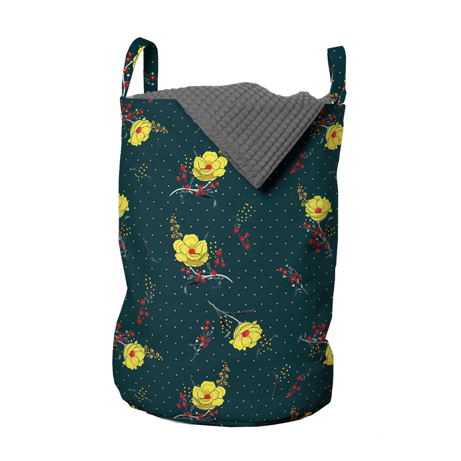 Abakuhaus Wäschesäckchen Wäschekorb mit Griffen Kordelzugverschluss für Waschsalons, Blumen Blüten und Retro Tupfen