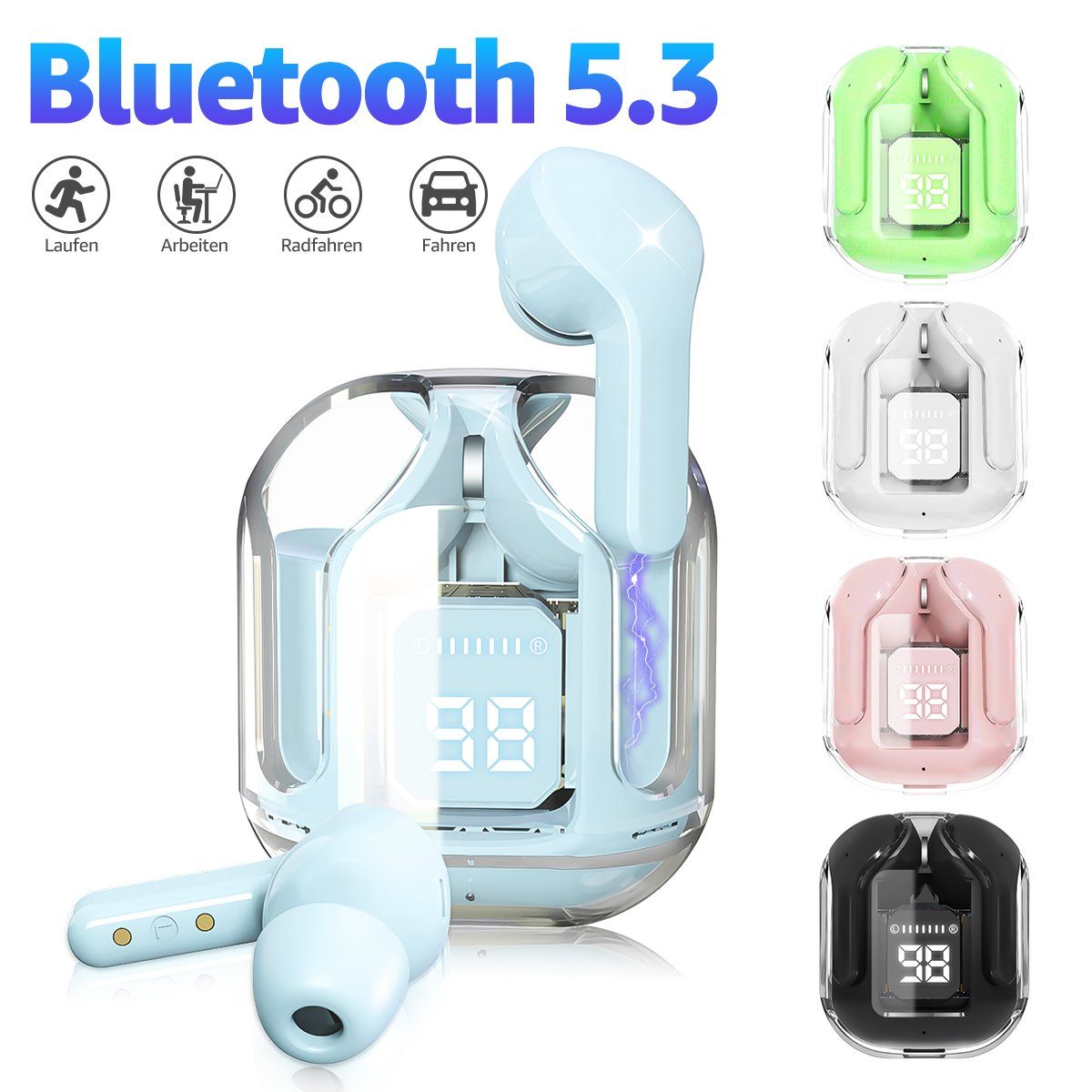 VSIUO wireless In Ear Kopfhörer, Bluetooth Kopfhörer Sport-Kopfhörer (Kabellose Kopfhörer Bluetooth 5.3 Stereo HiFi-Kopfhörer, LED Anzeige 25 Std IPX7 Wasserdicht Wireless Earbuds Mini Ladebox)