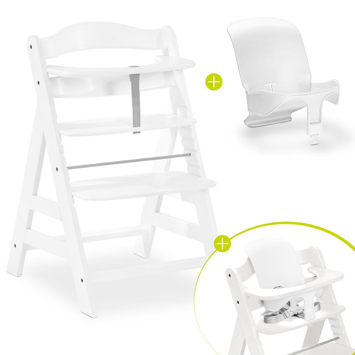 Hauck Hochstuhl Alpha Plus - White, Mitwachsender Holz Kinderhochstuhl verstellbar mit Baby-Sitz & Gurt