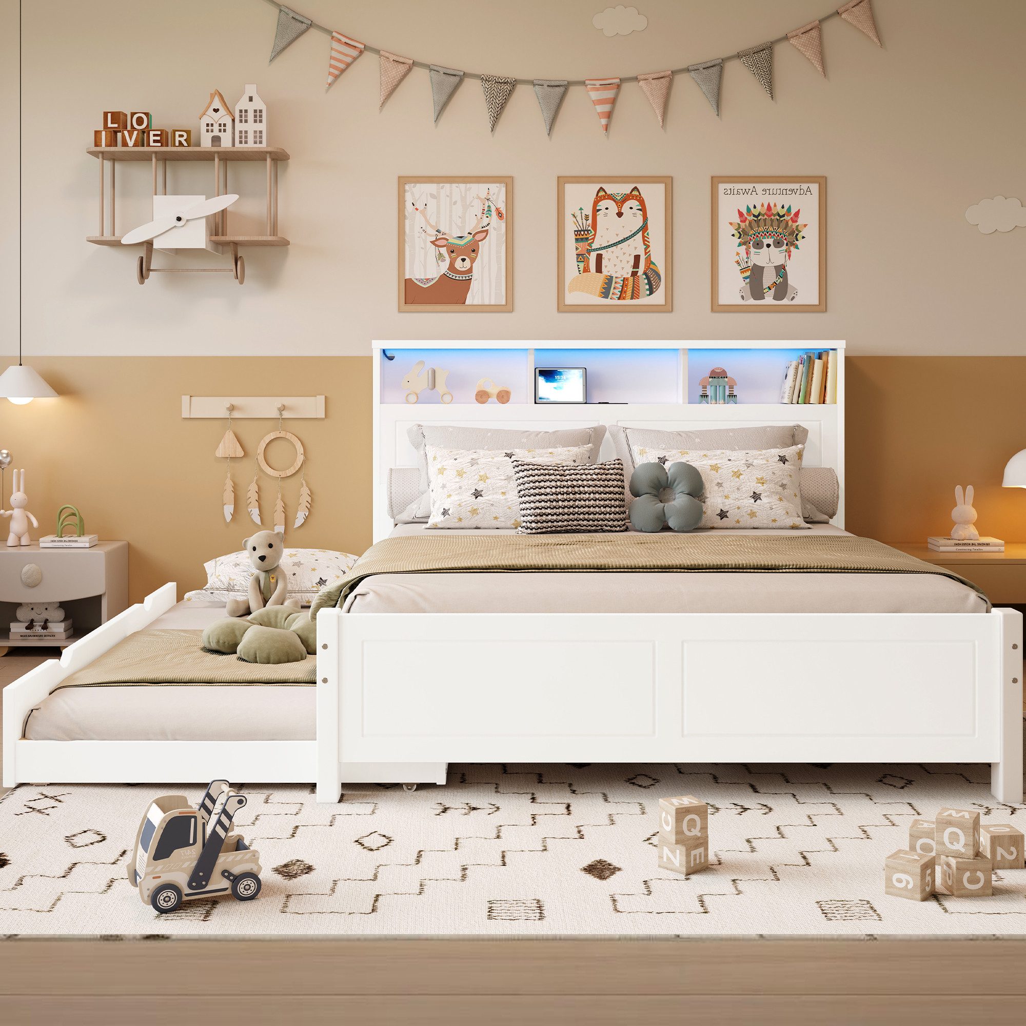 Flieks Holzbett, Kinderbett 120x200cm mit Ladefunktion & LED, Ausziehbett 9 günstig online kaufen
