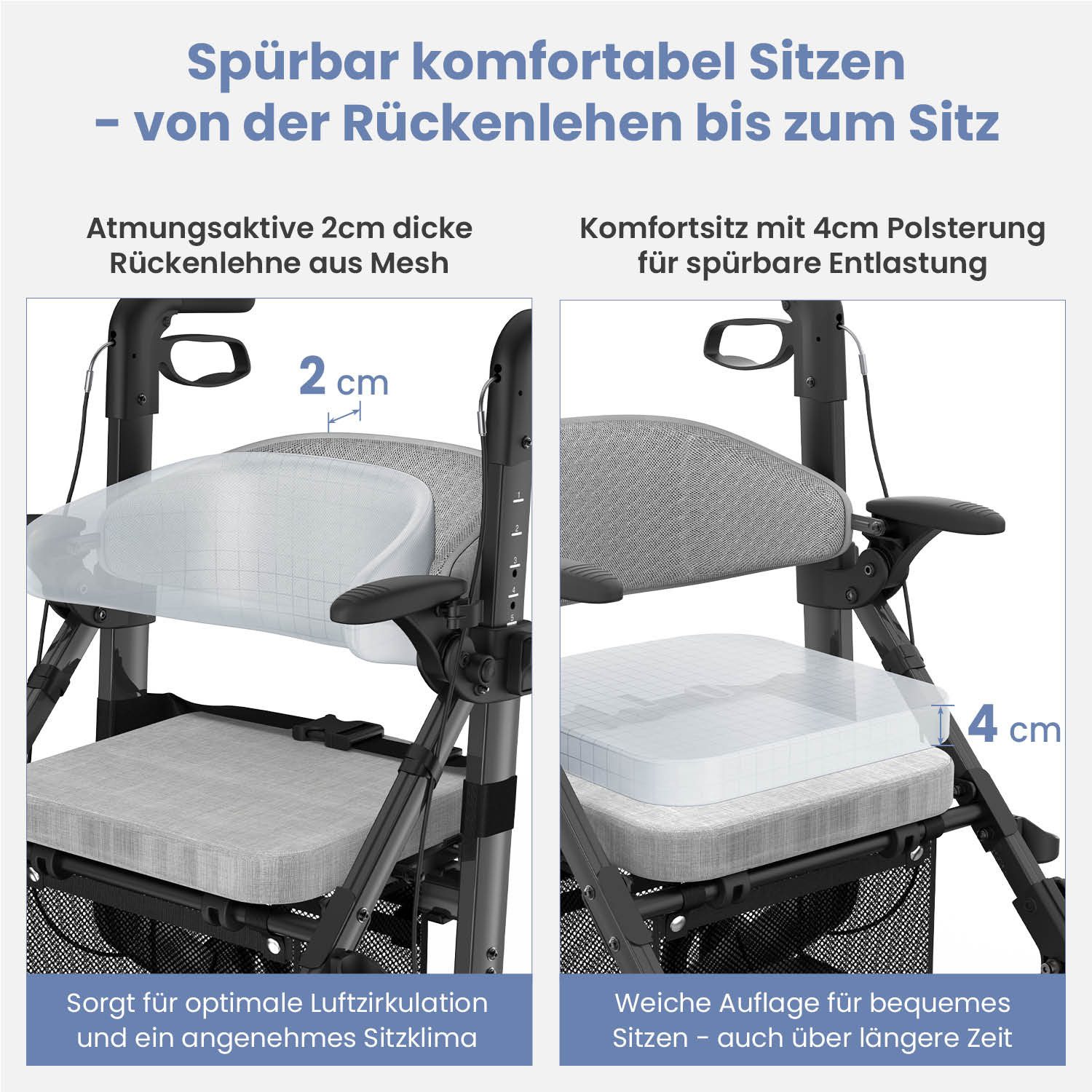 ELONEO Rollator 2in1 Rollator & Rollstuhl, Faltbar und Leicht, Outdoor-Gummireifen, mit Stiz & Netztasche