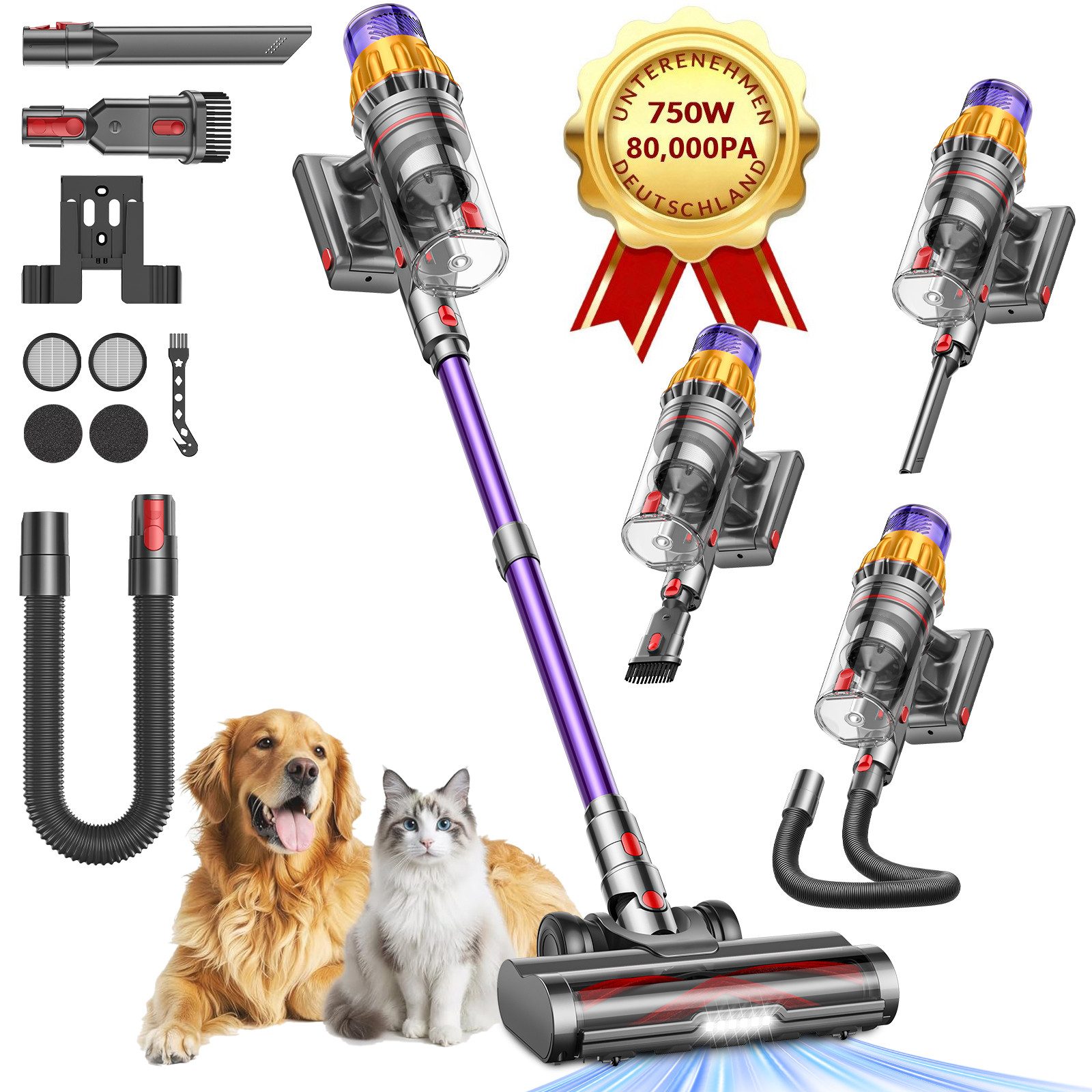 FOSMET Akku-Hand-und Stielstaubsauger 80000Pa Akku Staubsauger 750W/80Min, 2,6L Staubsauger Kabellos, 50dB leise/11-Stufen-Filter/OLED Display,Ideal für Böden/Teppiche/Auto