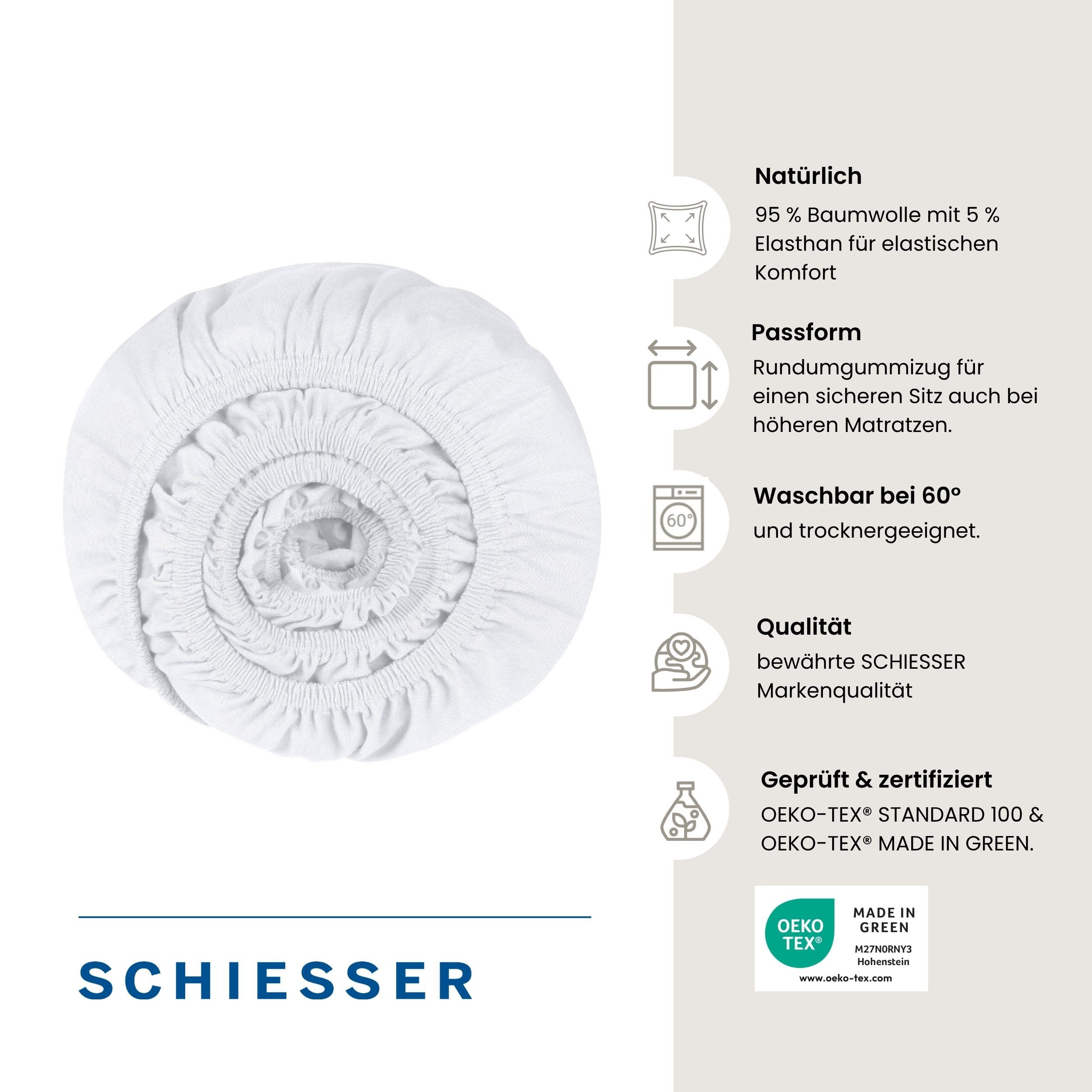 Schiesser Spannbettlaken Flexi aus 95% Baumwolle und 5% Elastahan in Premium-Qualität, Jersey-Elasthan, Gummizug: rundum, (1 Stück), für hohe Matratzen und Boxs – Bild 2 von 5