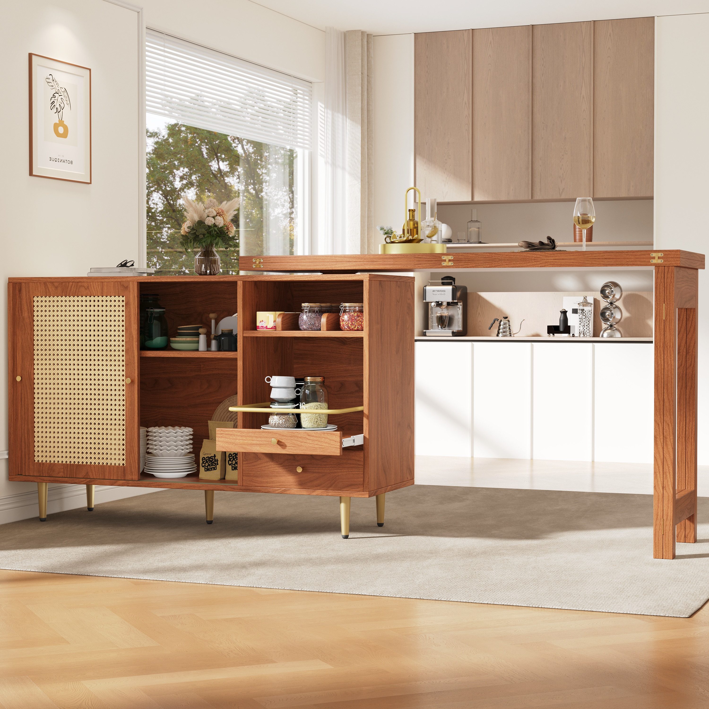 Flieks Bartisch 360° drehbar (Set, 1-St., klappbare Tischplatte 40-80cm Tiefe/120-187cm Breite), ausziehbar Stehtisch mit Sideboard Esstisch mit Rattan-Schiebetür
