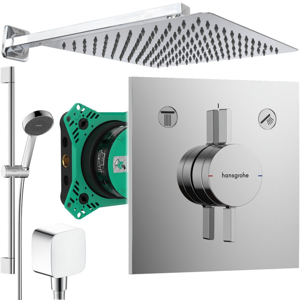 Hansgrohe und Jowi Duscharmatur DuoTurn E Unterputz Duschsystem mit Kopfbrause, Regendusche (Unterputz-Duschsystem, Set) mit Brausestange, 650mm