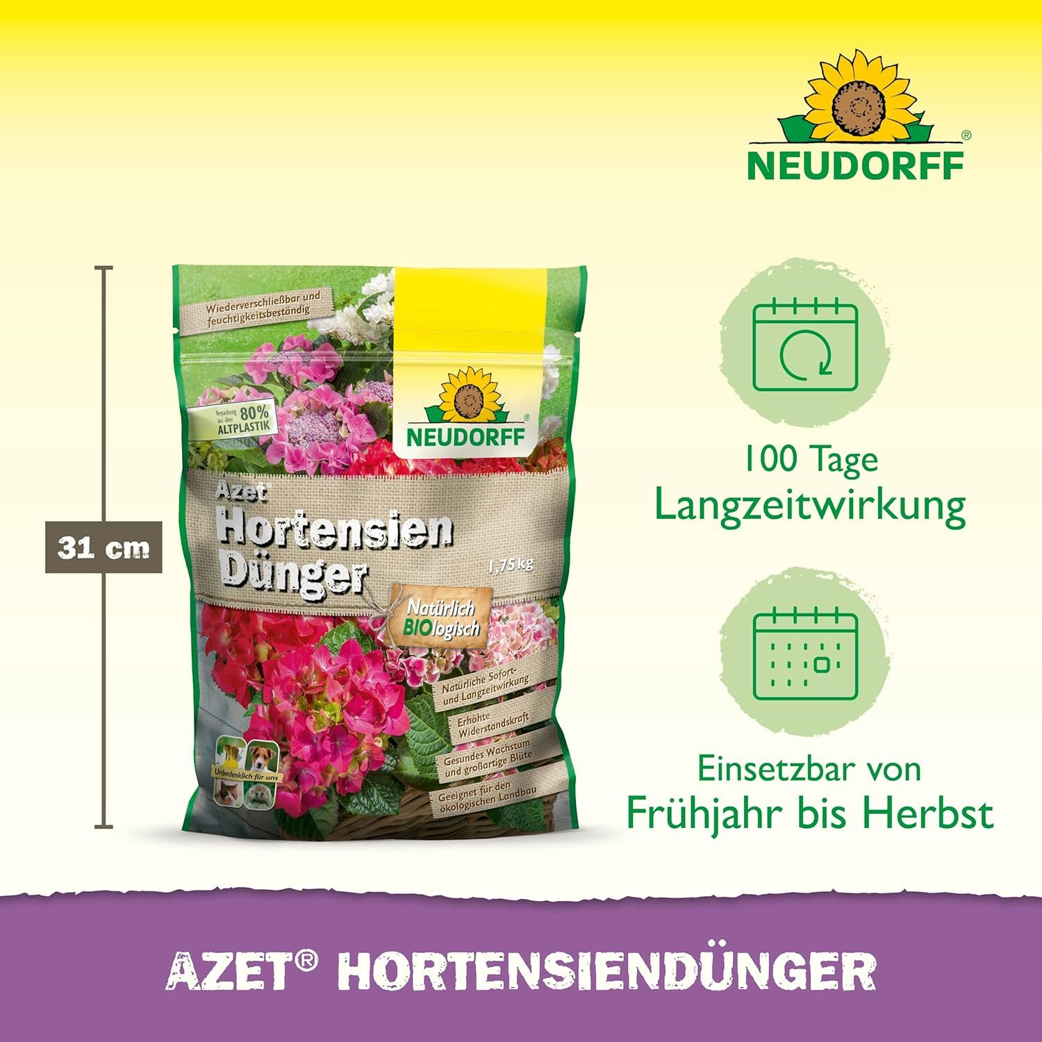 Neudorff Pflanzendünger Azet HortensienDünger 1,75 kg, Granulat gleichmäßig im Wurzelbereich verteilen, leicht einarbeiten und anschließend gut wässern., Organischer Hortensiendünger mit MyccoVital Langzeitwirkung