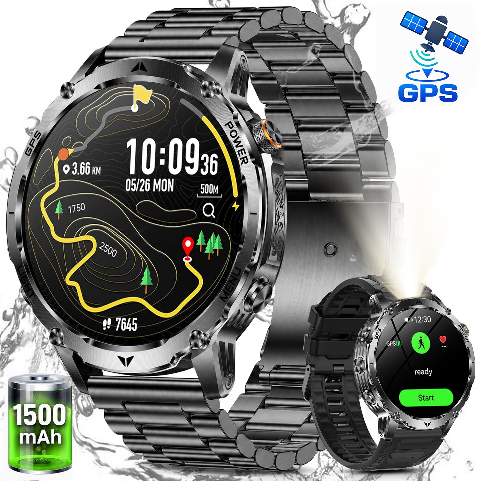 SWGOTA 1500mAh Smartwatch Herren mit GPS integriert,24/7 Pulsuhr,SpO₂,Militär Smartwatch 1,8"AMOLED Fitness Tracker mit Schlafmonitor,100+Sportmodi,Kompass, Barometer,Höhenmesser,LED Taschenlampe, IP68 Sportuhr Outdoor