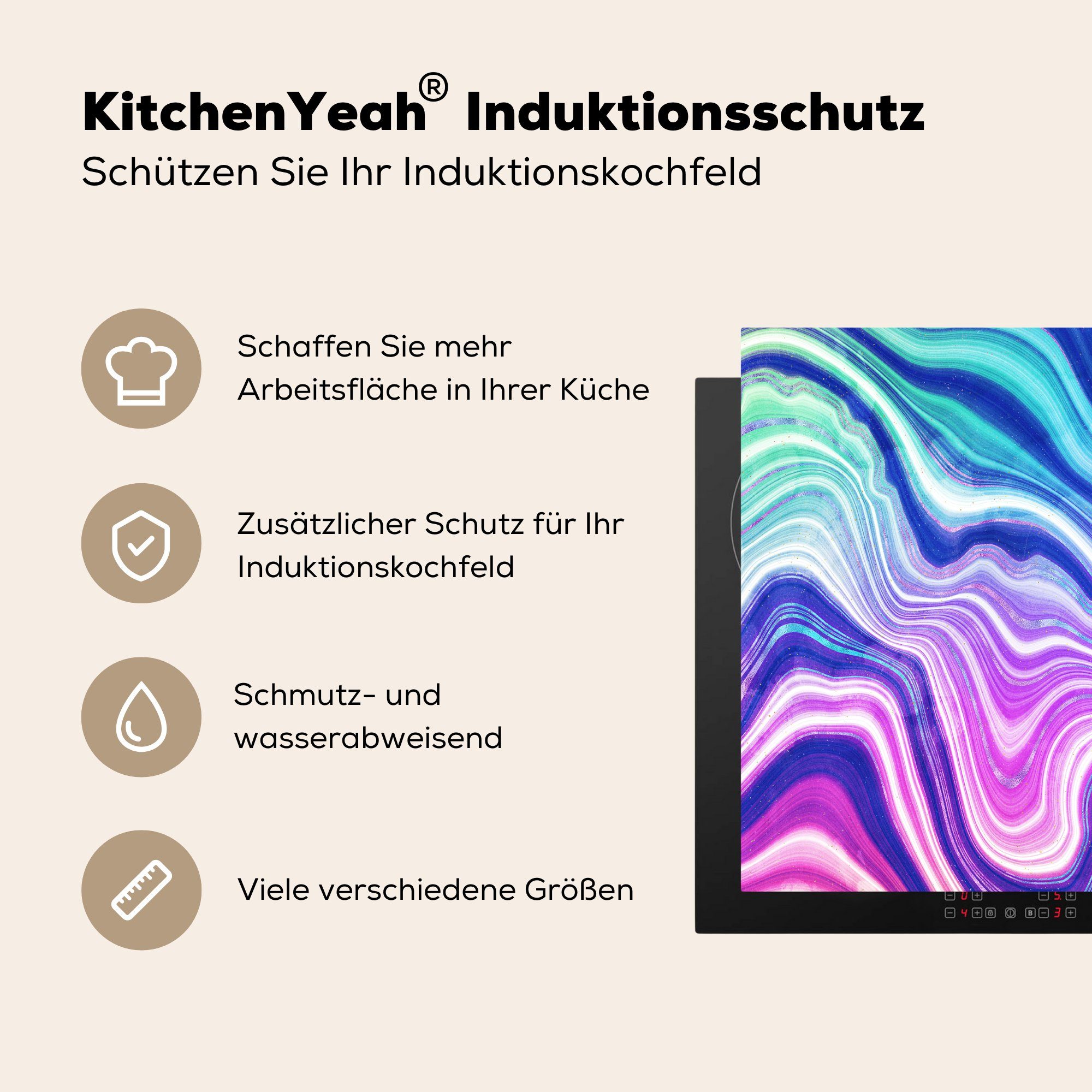 Küchen tlg), Dekoration Edelstein, (1 - Neon Geode MuchoWow Induktionskochfeld Vinyl, - Induktionsherd, Achat cm, - 58x51 Herdblende-/Abdeckplatte für