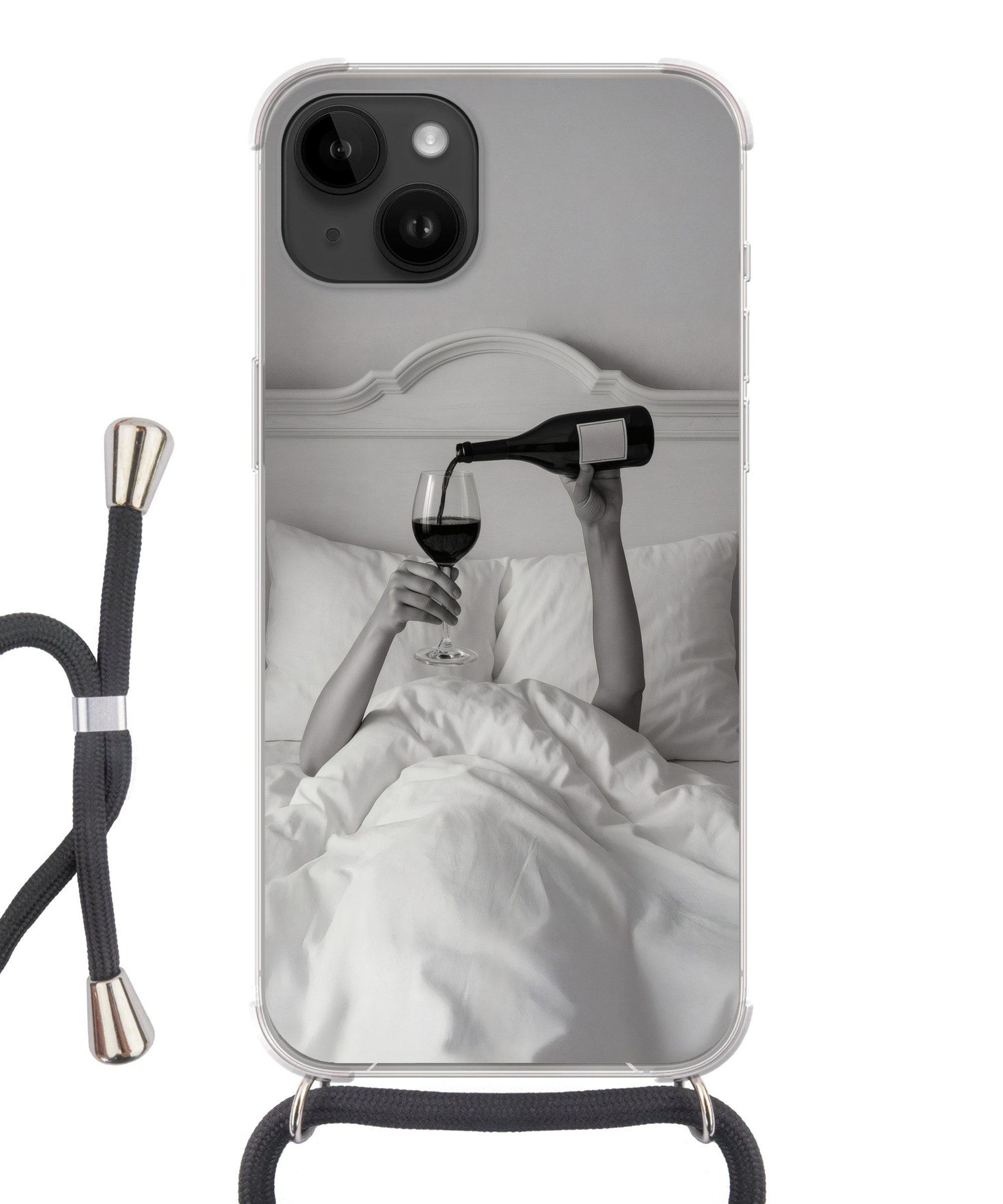 MuchoWow Handyhülle für Apple iPhone 14 Laken - Arme - Wein - Glas, Tragbare Handyhüllen mit Kette zum umhängen, Handykette Handyband