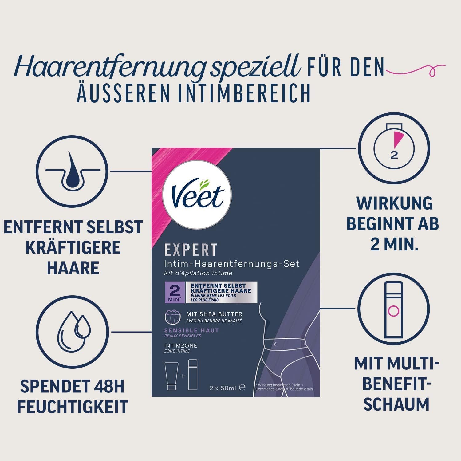 Veet Enthaarungscreme EXPERT Intim-Haarentfernungs-Set Creme + Multi-Benefit Schaum, Doppelpack - 2 x 50ml, 2 St.