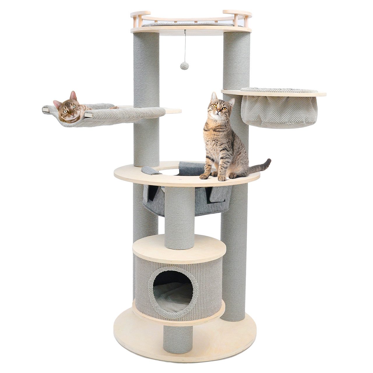 Canadian Cat Company Kratzbaum Harper, beige-anthrazit, 168cm, Stabiler Katzenbaum mit Katzenhaus & 3 Hängematten, 76 x 76 x 168 cm