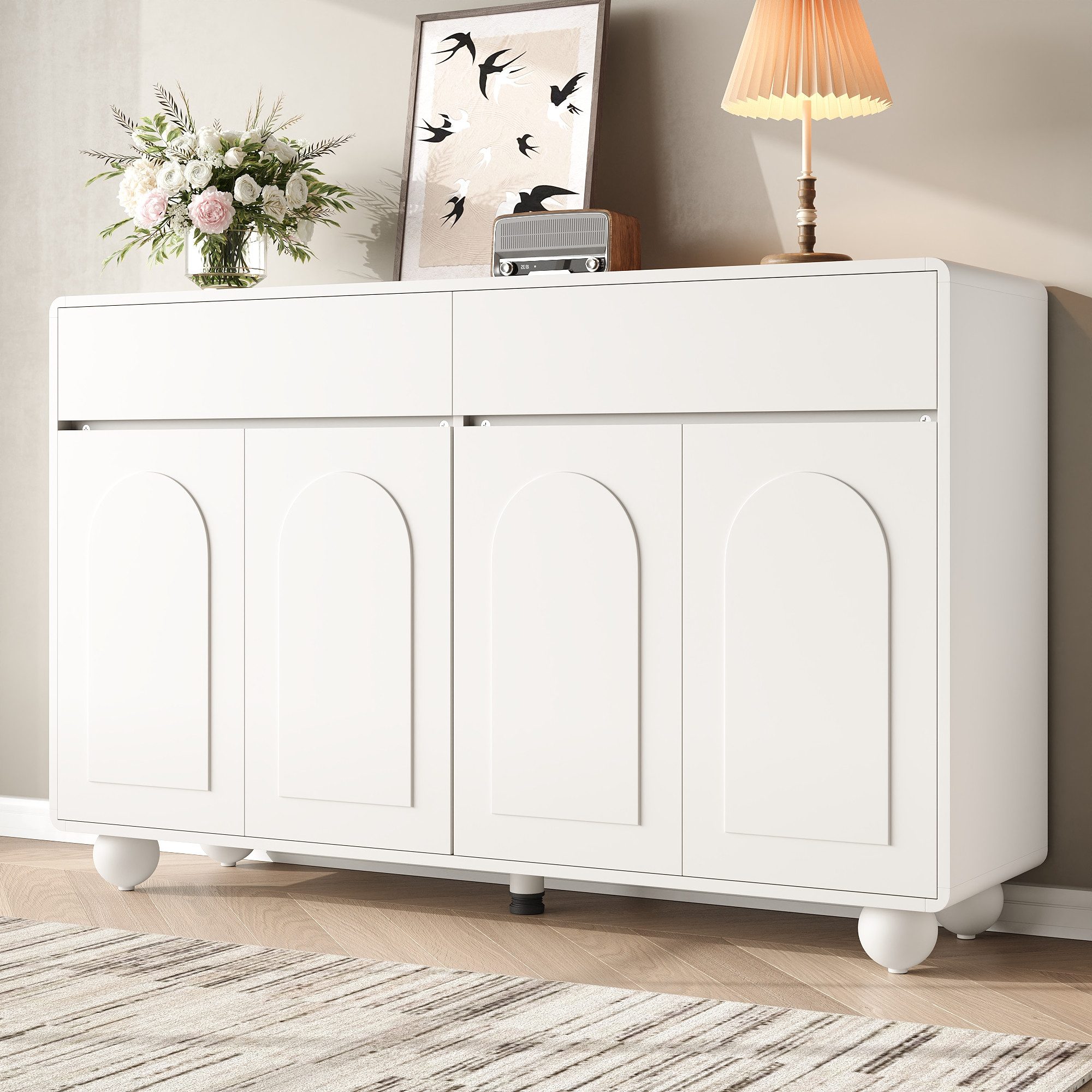 Merax Sideboard mit geschwungenen Türen und Metallfüßen (140 x 38 x 89 cm (L x B x H), 1 St., Wohnzimmerschrank), Kommode mit 2 Schubladen, 4 Türen & höhenverstellbaren Einlegeböden