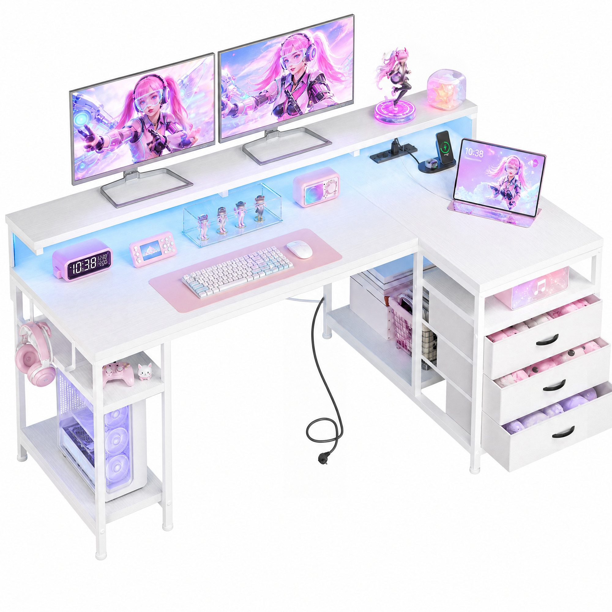 Klyvvo Schreibtisch mit 3 Schubladen, Gaming Schreibtisch L Form mit LED (1-St), mit Stauraum für Homeoffice und Gaming, Weiß