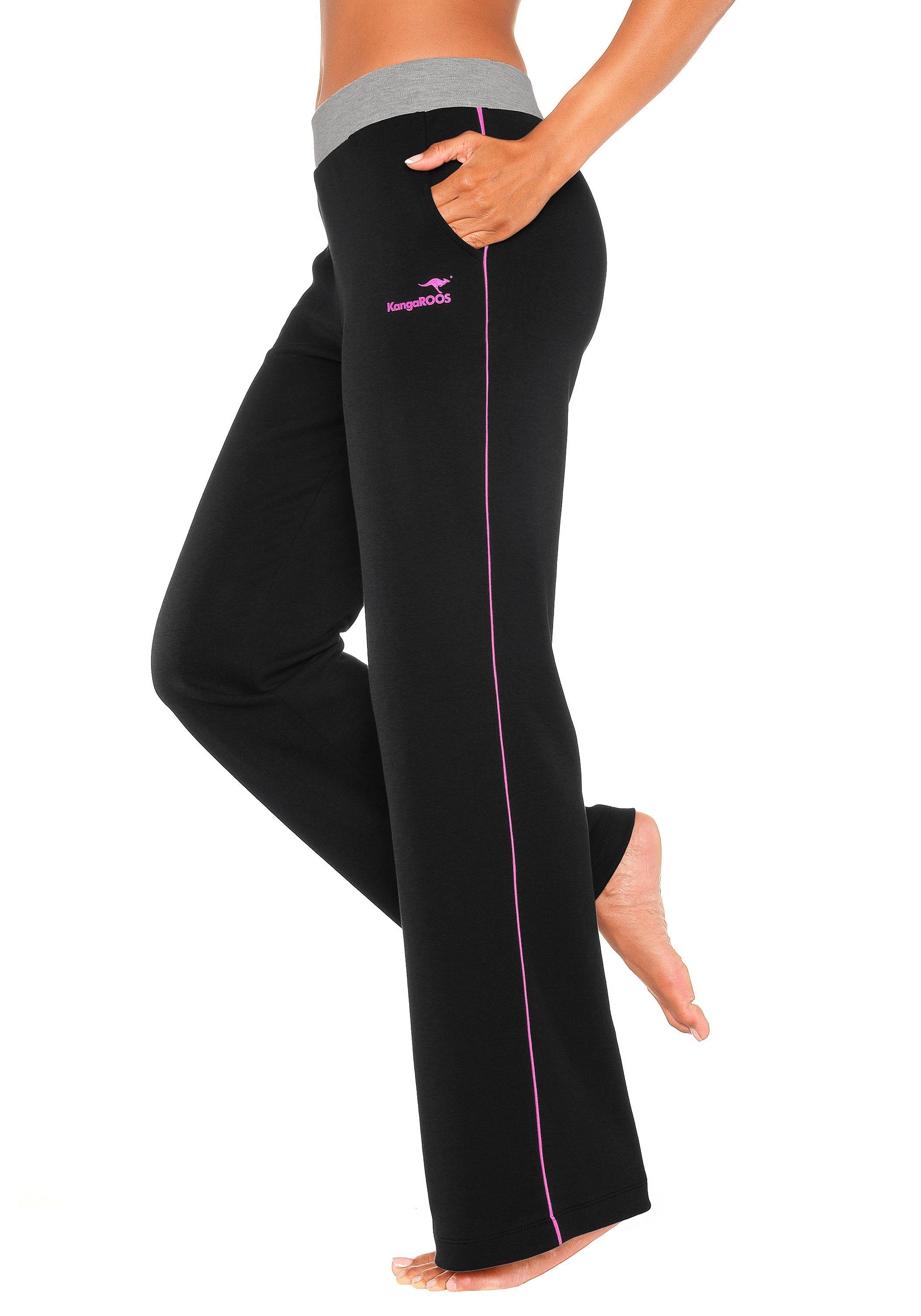 KangaROOS Relaxhose mit breitem Bund, schwarz-pink-pink Loungeanzug Loungewear