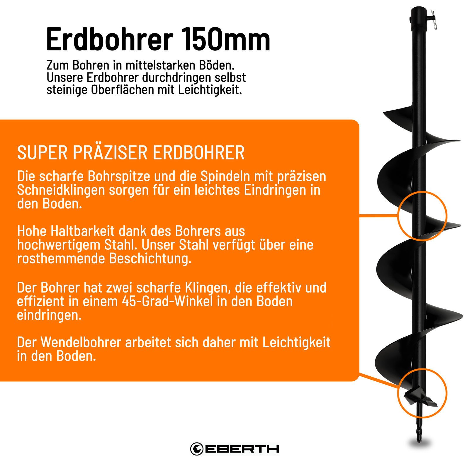 EBERTH Erdbohrer Gartenbohrer Gartenspiralbohrer, Stahl, Durchmesser 150mm, Länge 800mm, Aufnahme-Durchmesser 20mm, Schwarz Lackiert