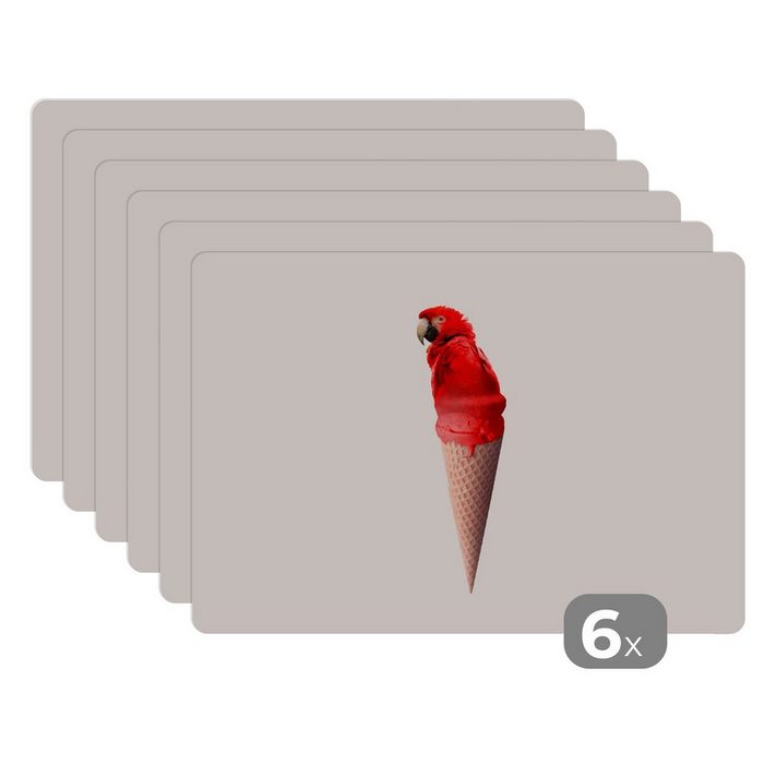 Platzset Eiscreme - Papagei - Rot - Eistüten - Weiß MuchoWow (6-St) Platzset Platzdecken Platzmatte Tischmatten Schmutzabweisend