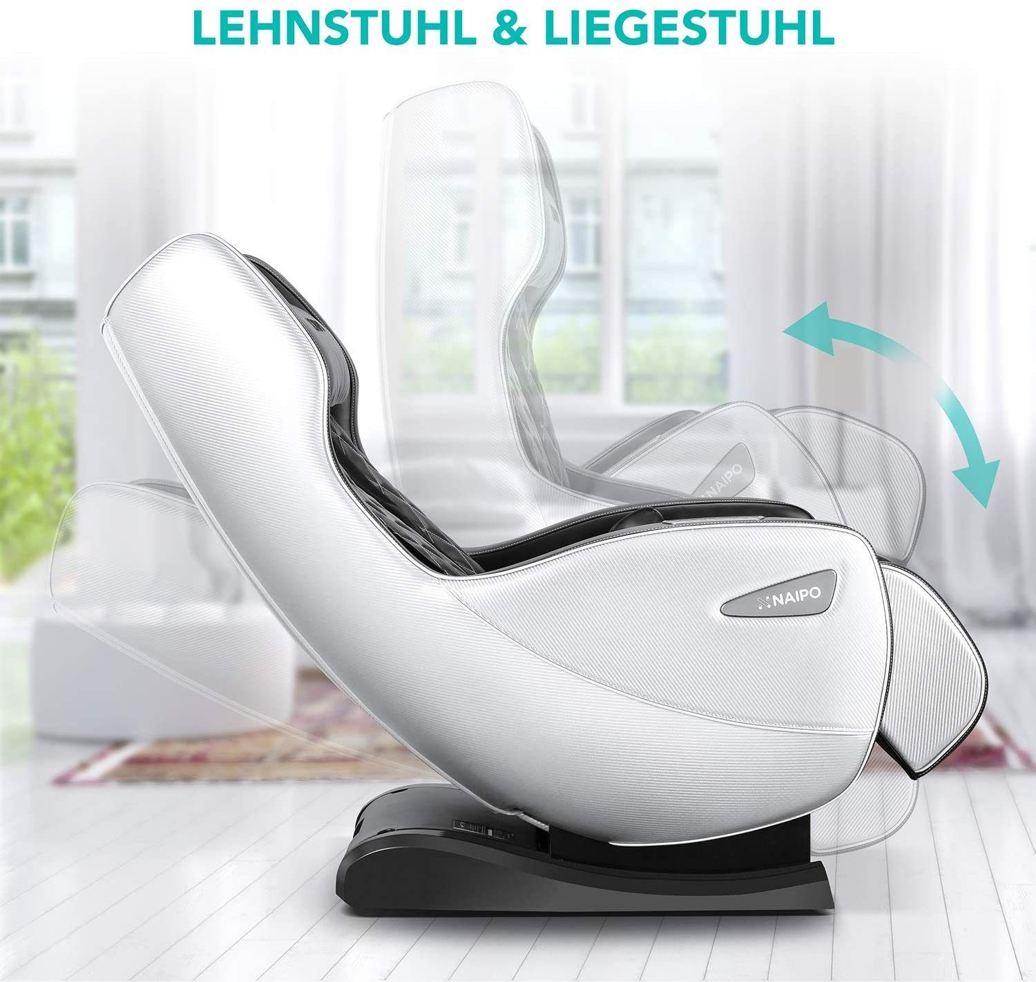 NAIPO Massagesessel, Platzsparend Beige-Dunkelbraun-Aufbauservice Massagestuhl mit Bluetooth, Liegeposition