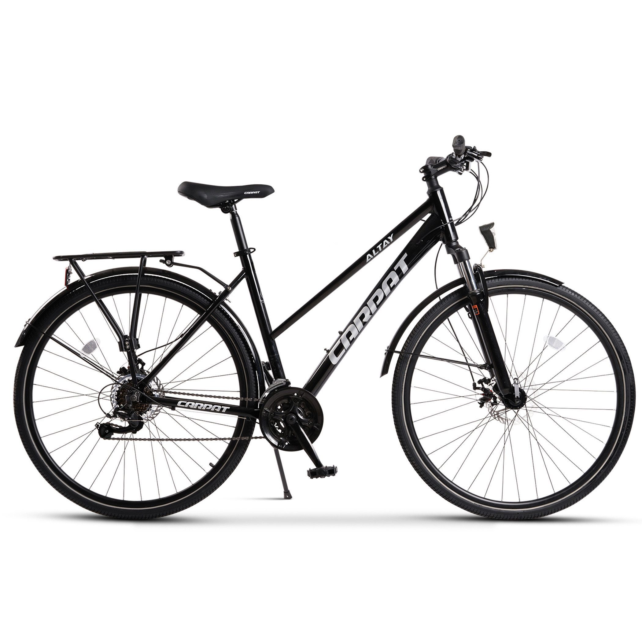 CARPAT SPORT Trekkingrad 28 Zoll Trekking Bike City Fahrrad für Damen Herren, 21 Gang Shimano Tourney Schaltwerk, (Aluminium Rahmen, Mechanische Scheibenbremse), Rennrad, Mountainbike, City Commuter Citybike Fahrrad