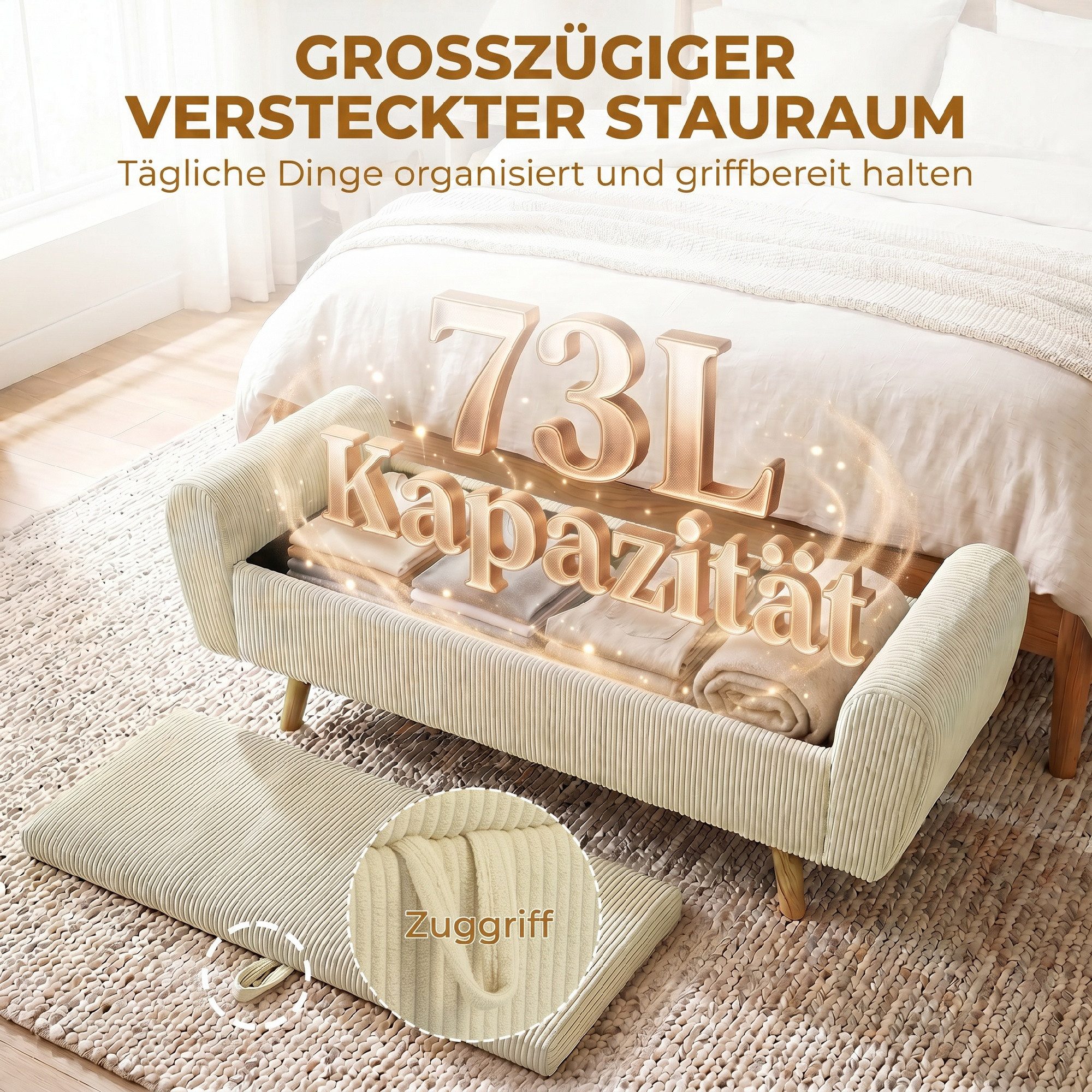 HOMCOM Sitzbank Polsterbank mit Cord-Optik, Holzfüßen und Gerollten Armlehnen (Set, 1-St., mit Stauraum), für Wohnzimmer, Schlafzimmer, Flur, 150 x 45 x 51 cm,  – Bild 5 von 5