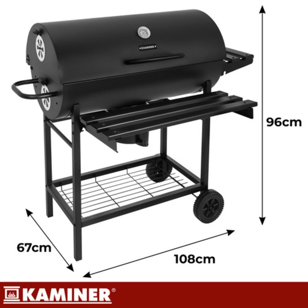 Kaminer Standgrill Holzkohlegrill Grillwagen Barbecue, Deckelthermometer, 2 Grillroste, Abdeckung, Zubehör-Set