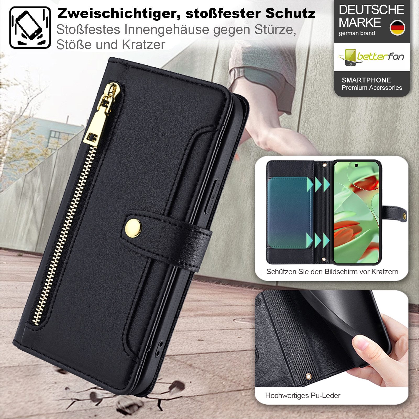 betterfon Handykette für Google mit Band Kartenfächer PU Leder Umhängetasche, Umhängetasche, Hände frei, Silikonhülle & Schnur für Alltag