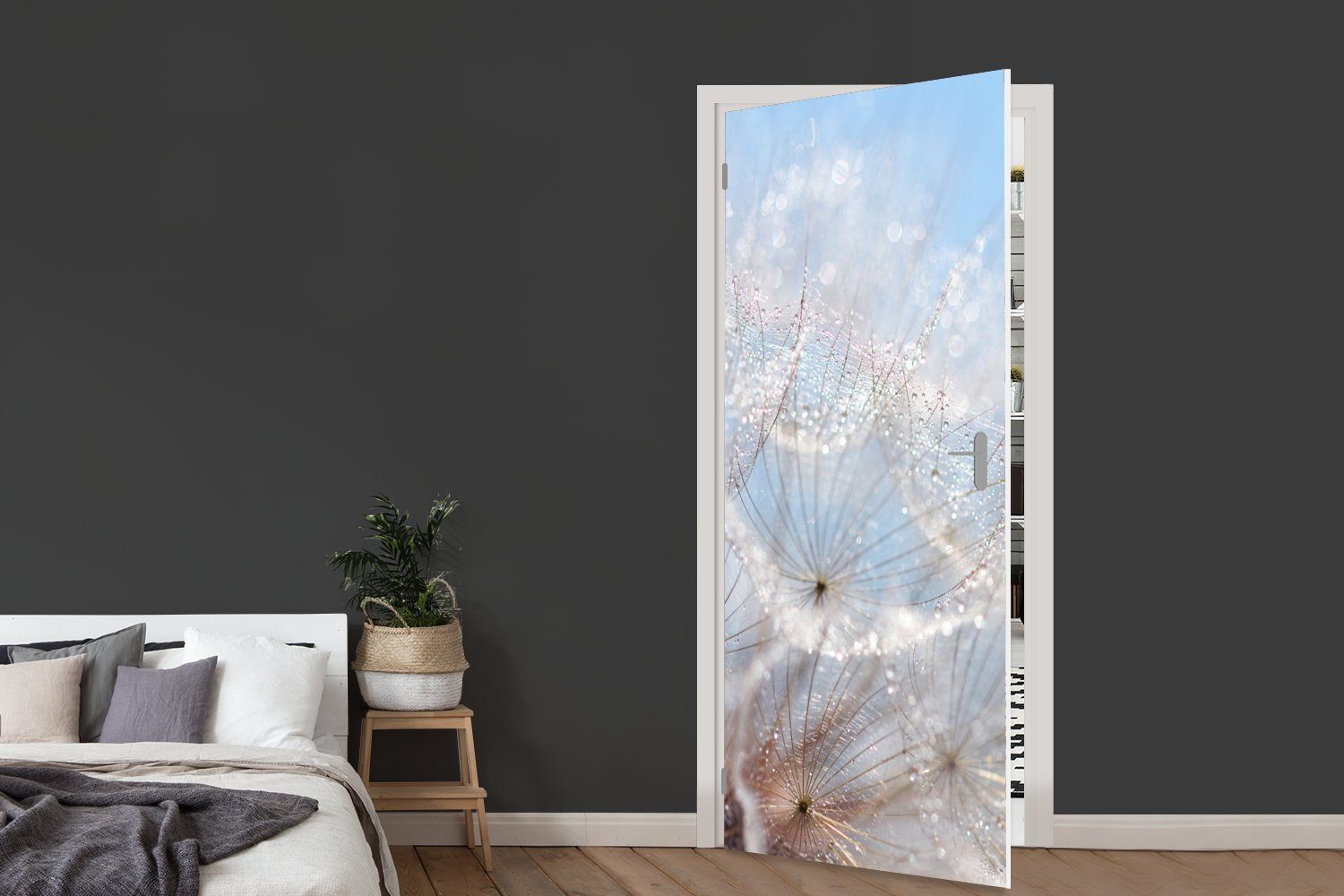 MuchoWow Türtapete Löwenzahnsamen in der Sonne, bedeckt mit frühen Tautropfen, Matt, bedruckt, (1 St), Selbstklebende Tapete, Folie für Möbel, 75x205 cm – Bild 5 von 5