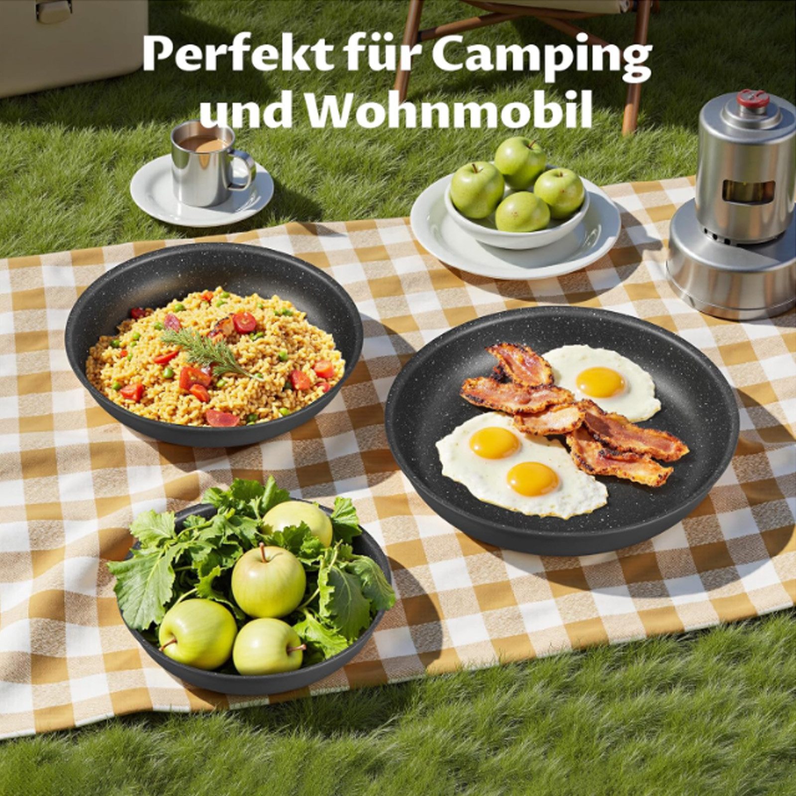 SunJas Pfannen-Set Pfannenset mit abnehmbarem Griff Bratpfanne Ø 20/24/28 cm, Aluminium Pfanne (mit Antihaftbeschichtung, 3-tlg., stapelbar platzsparend), für a – Bild 5 von 5