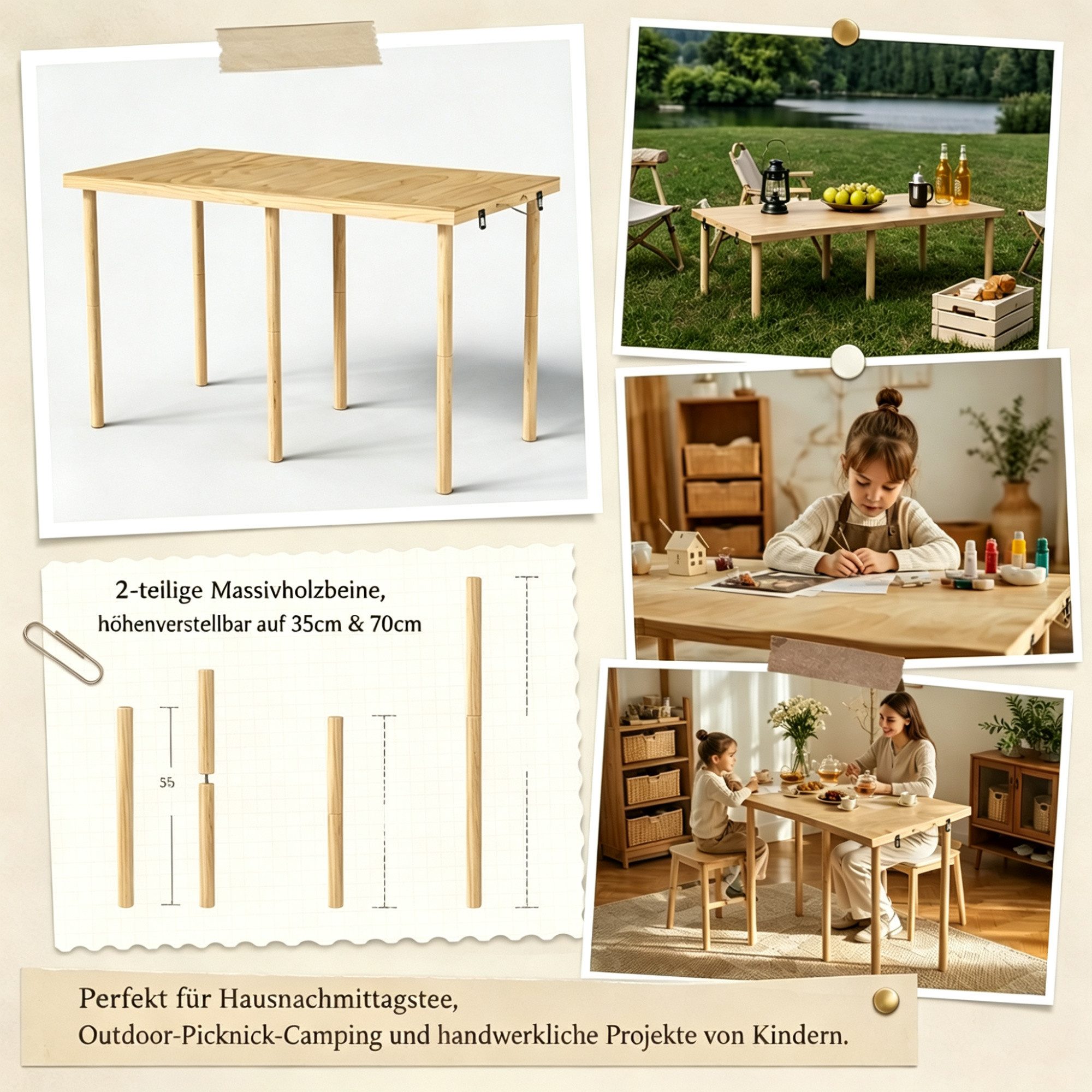 FUFU&GAGA Campingtisch 120cm Klapptisch Holztisch Picknicktisch mit Tragegriff – Bild 2 von 5