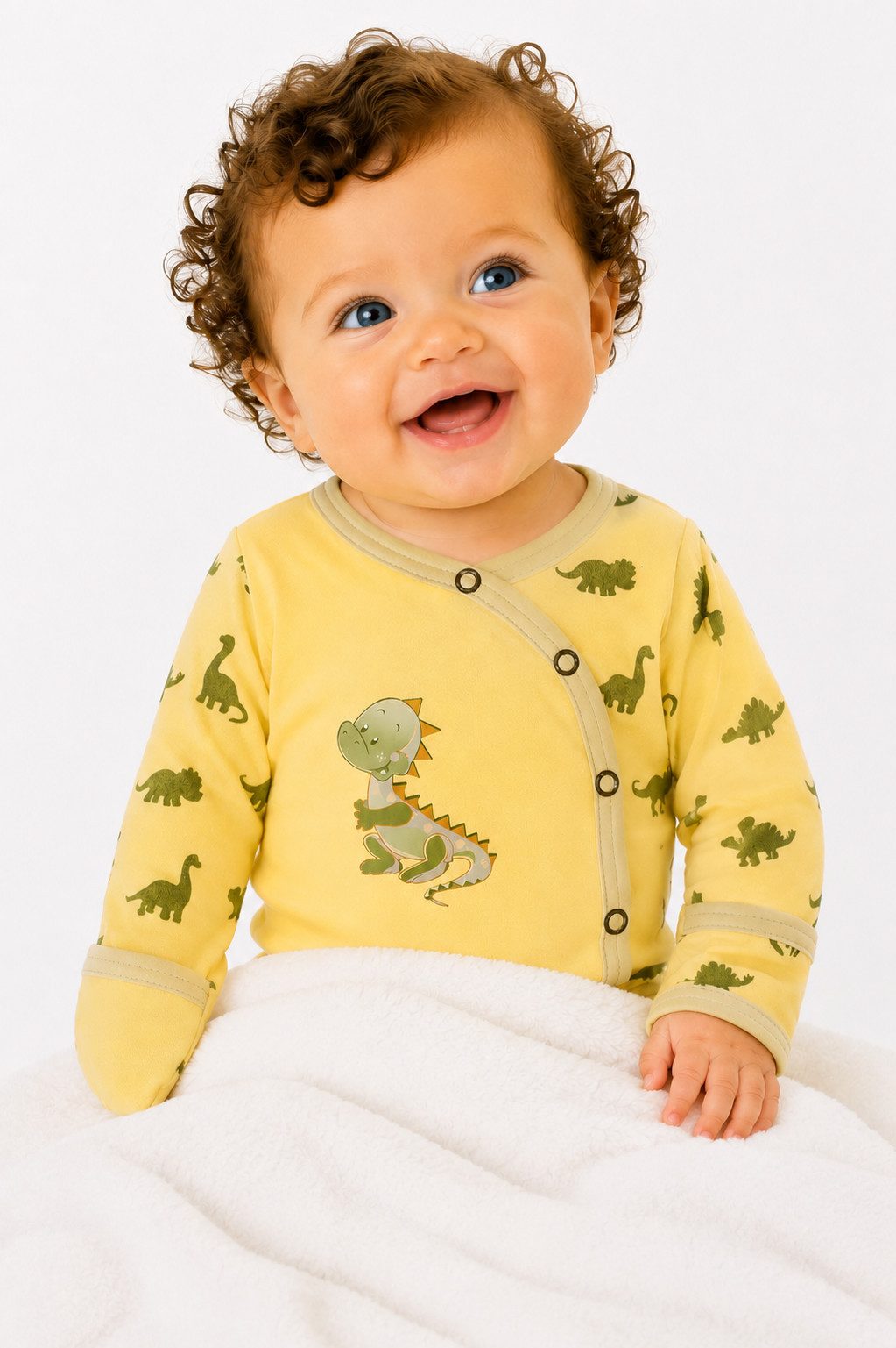 La Bortini Langarmbody Baby Body Wickelbody mit Kratzschutz in Gelb mit Dino aus reiner Baumwolle, 44 50 56 62 68 74
