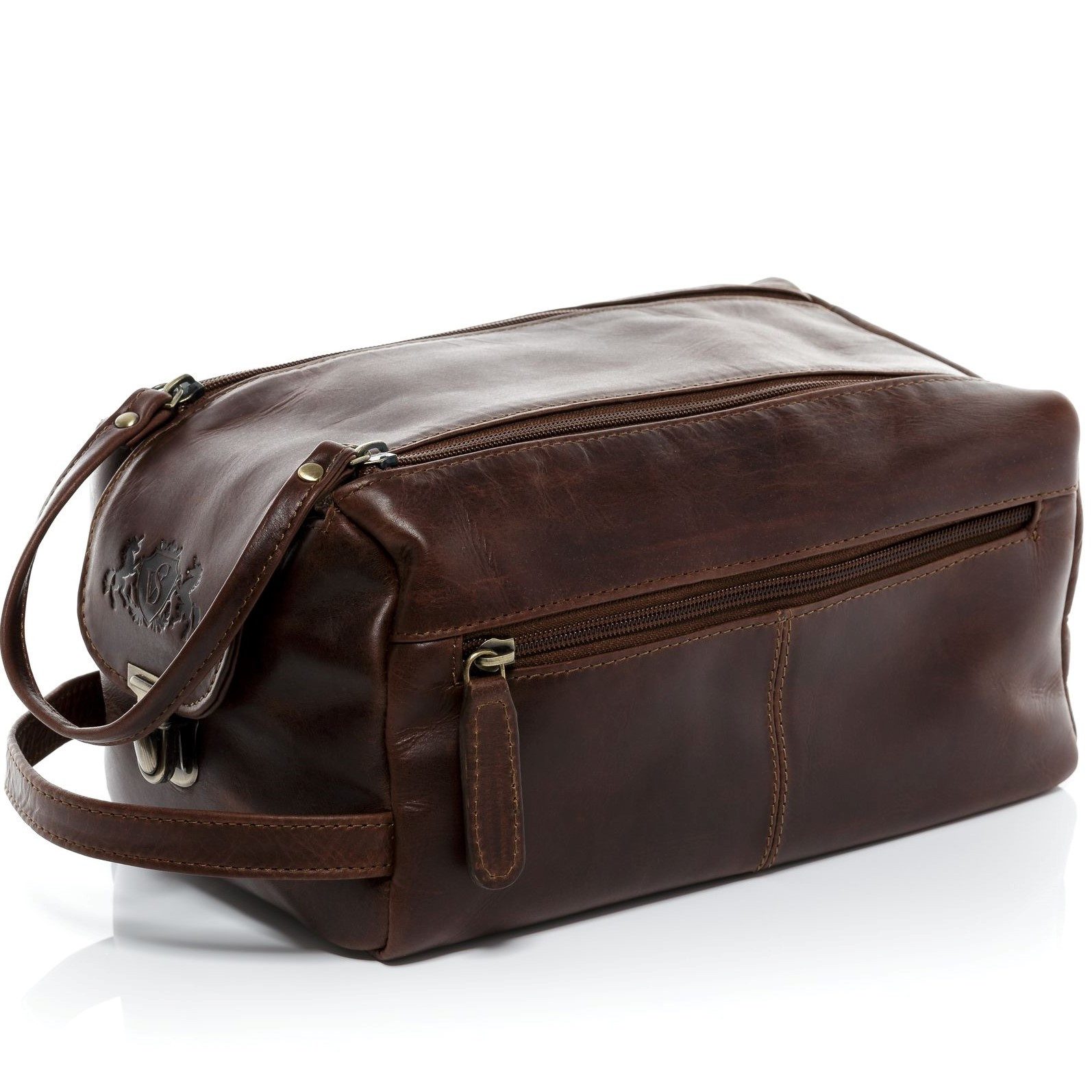 SID & VAIN Kulturbeutel echt Leder Kulturtasche groß braun BRISTOL, Waschbeutel Echtleder für Damen & Herren, Kosmetiktasche braun-cognac