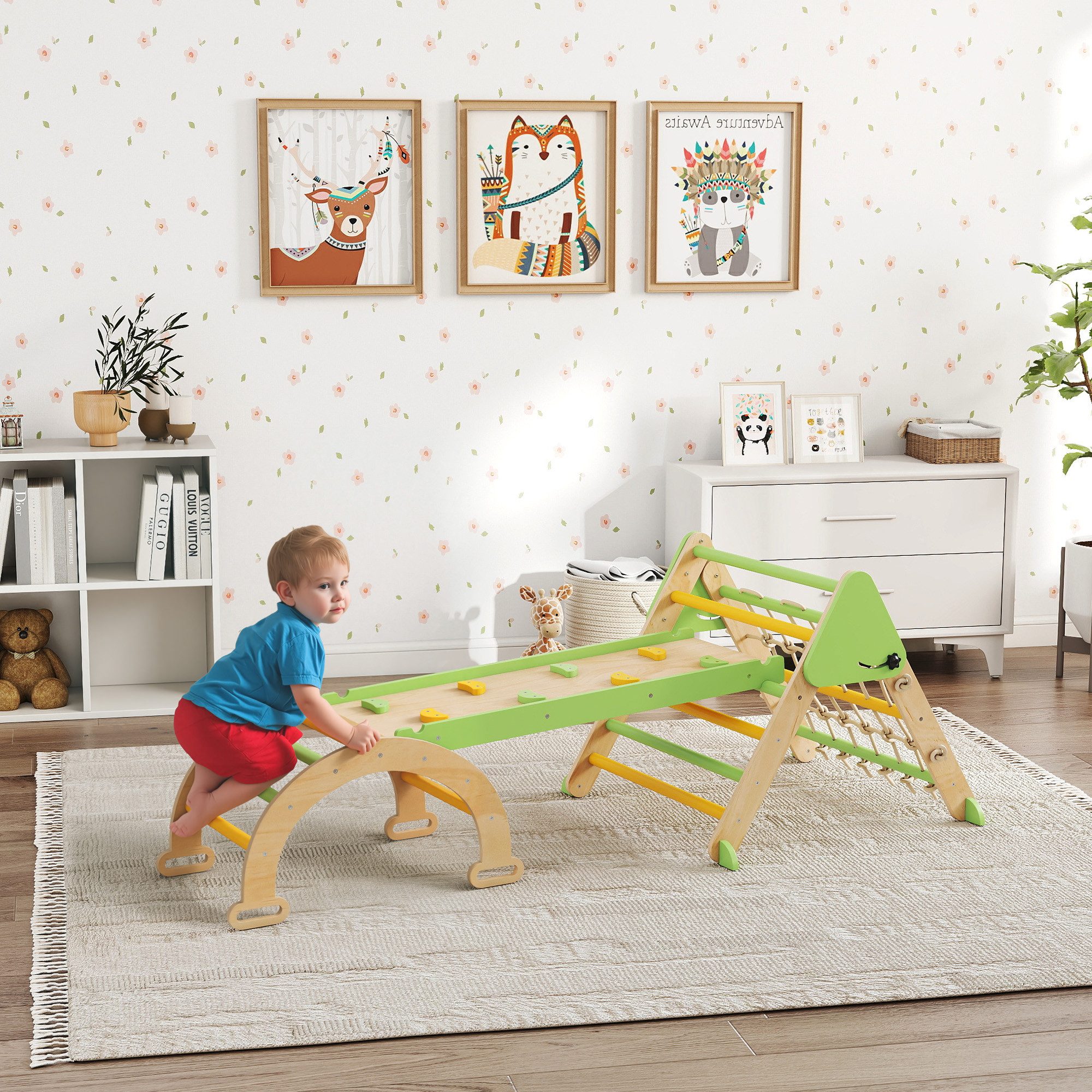AIYAPLAY Klettergerüst mit doppelseitiger Rutsche, (Kletterdreieck mit Kletterbogen, 1-St., 8-in-1 Montessori Indoor Spielplatz), für Kleinkinder und Kinder 1,5-4 Jahre, Grün