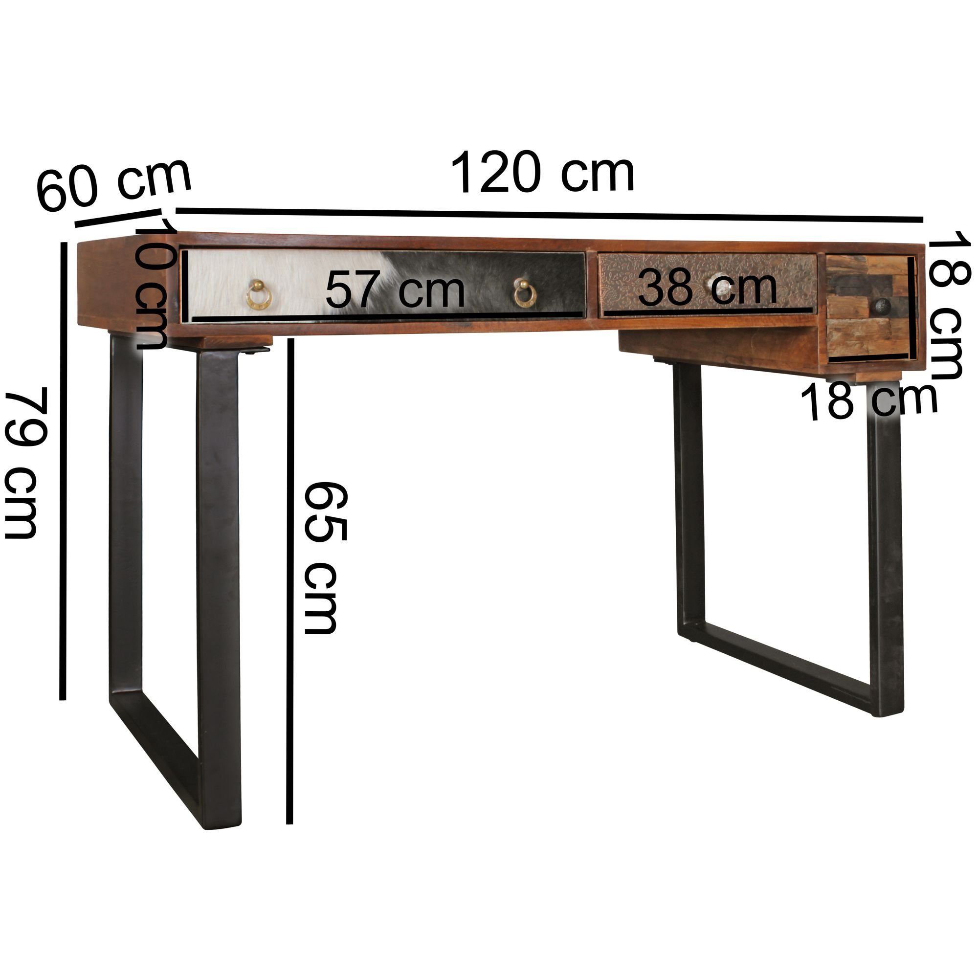 Schreibtisch (120x60x79 Arbeitstisch cm Mango PC mit WL5.097 Schubladen, Bürotisch Wohnling Natur), Massivholz, Laptoptisch Tisch