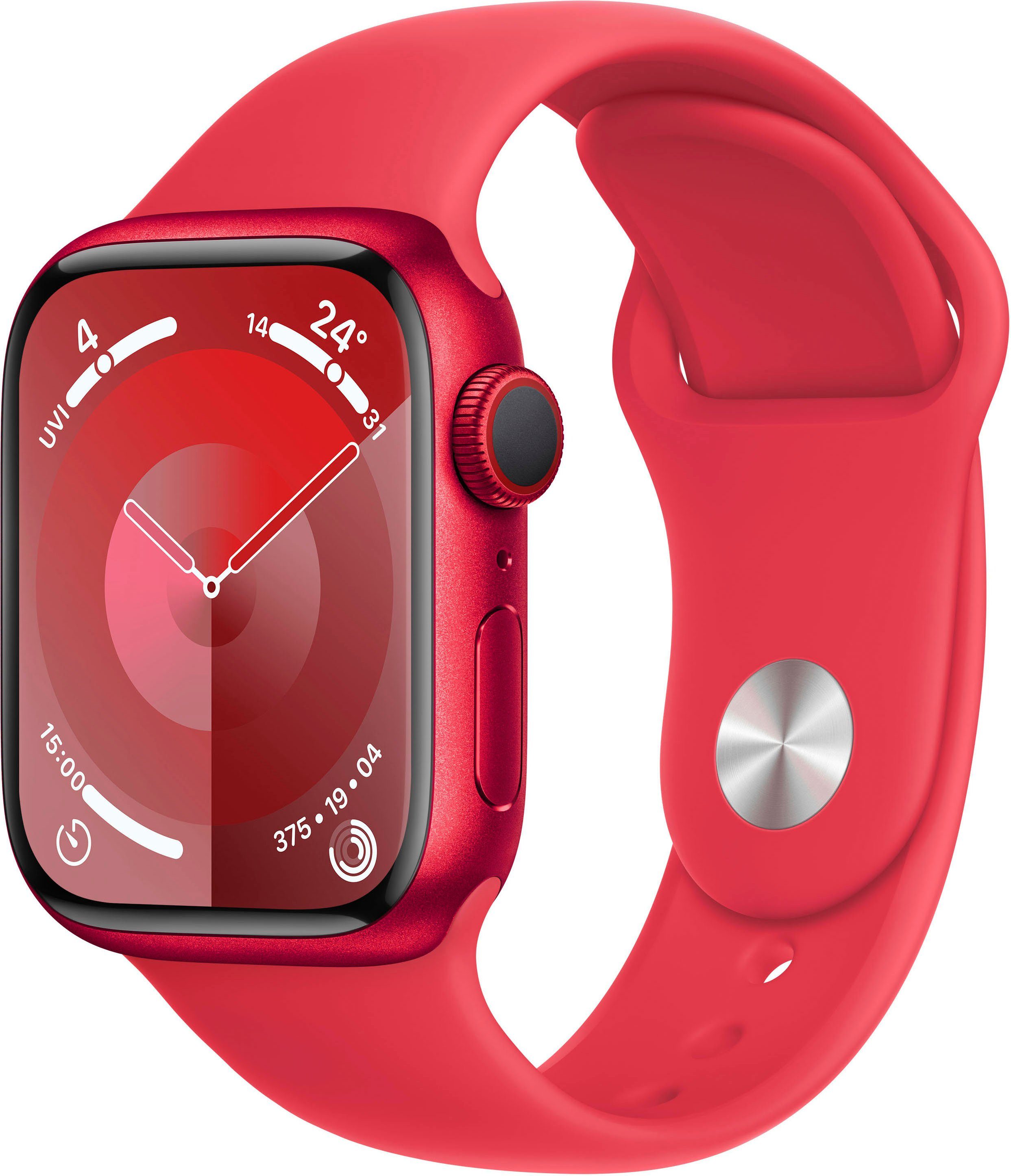 Apple Watch Series 9 GPS + Cellular Smartwatch (4,1 cm/1,6 Zoll, Watch OS  10), Sport Band, Bruchgeschützt, nach IP6X staubgeschützt und schwimmfest  mit 50 m Wasserschutz