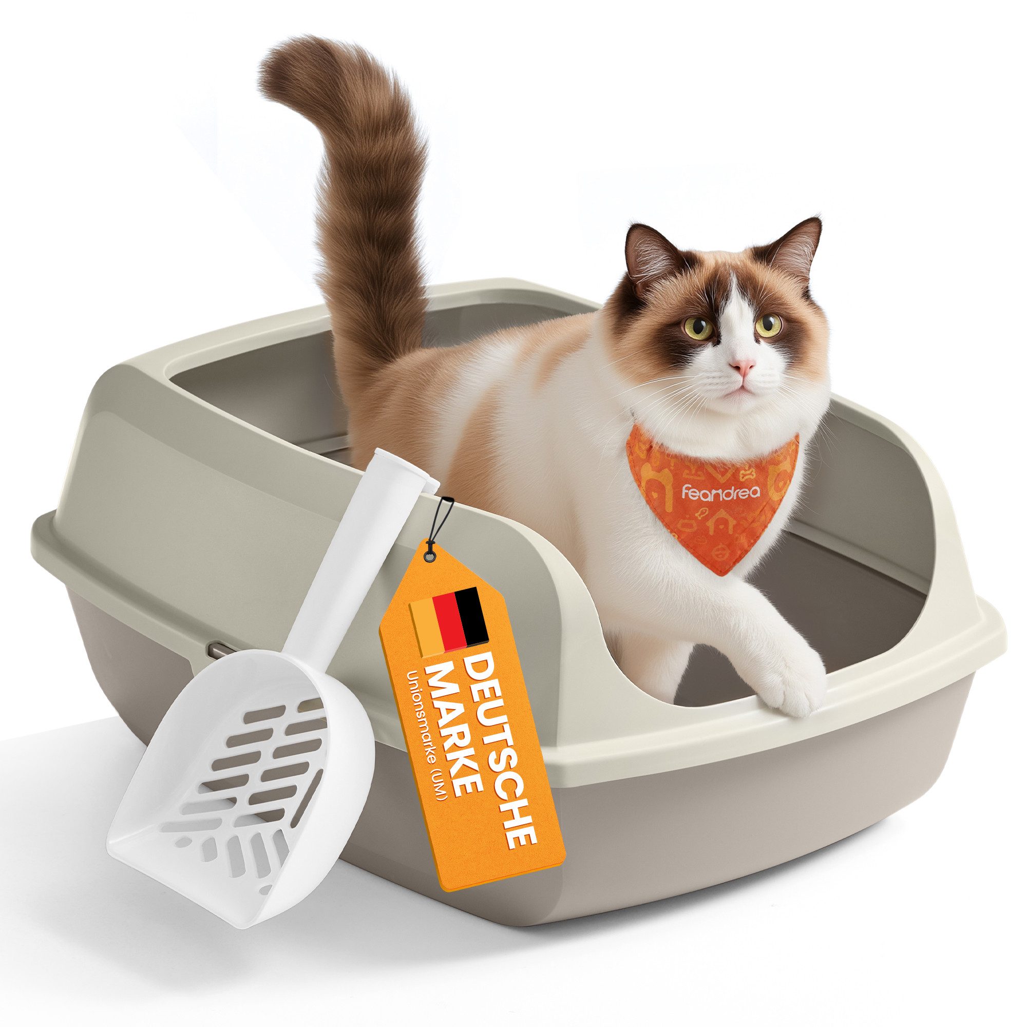FEANDREA Katzentoilette Katzenklo, offene Katzentoilette, für Kätzchen und große Katzen, mit hohen Seitenwänden, XXL, mit Schaufel, 56 x 42 x 23,5 cm