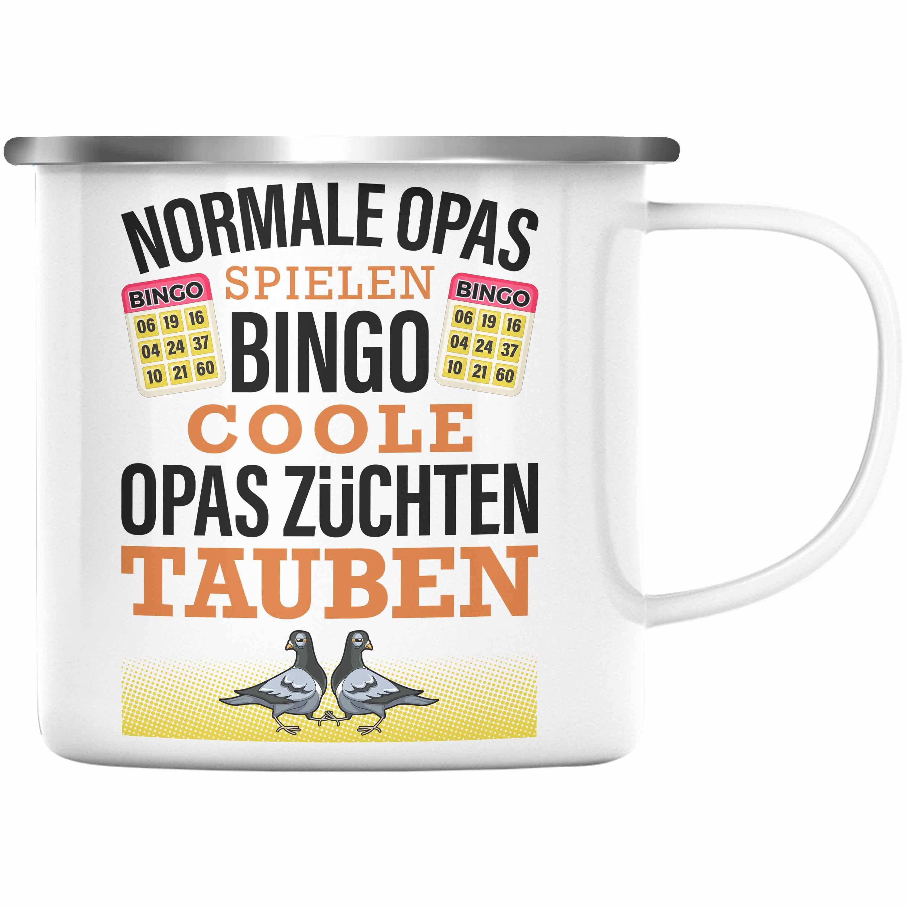 Trendation Thermotasse Trendation - Taubenzüchter Geschenk Zaubenzucht Zubehör Tauben Emaille Tasse Lustiger Spruch Taubenflüsterer Taubenliebhaber Becher Opa Großvater Silber