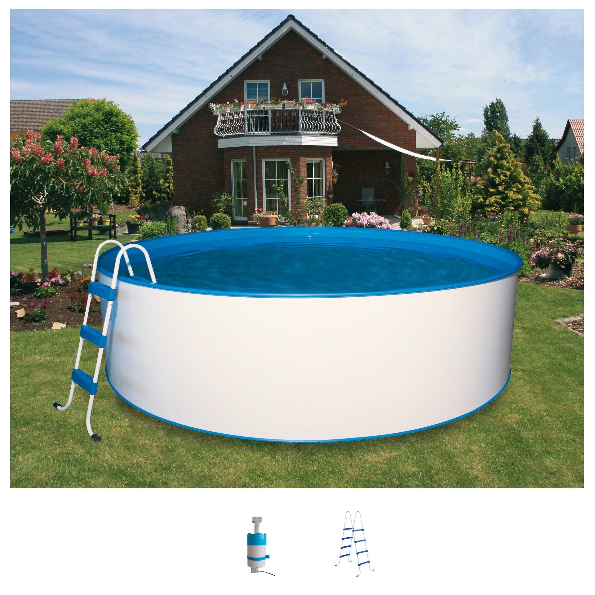 Rundpool mit Leiter und Kartuschenfilteranlage