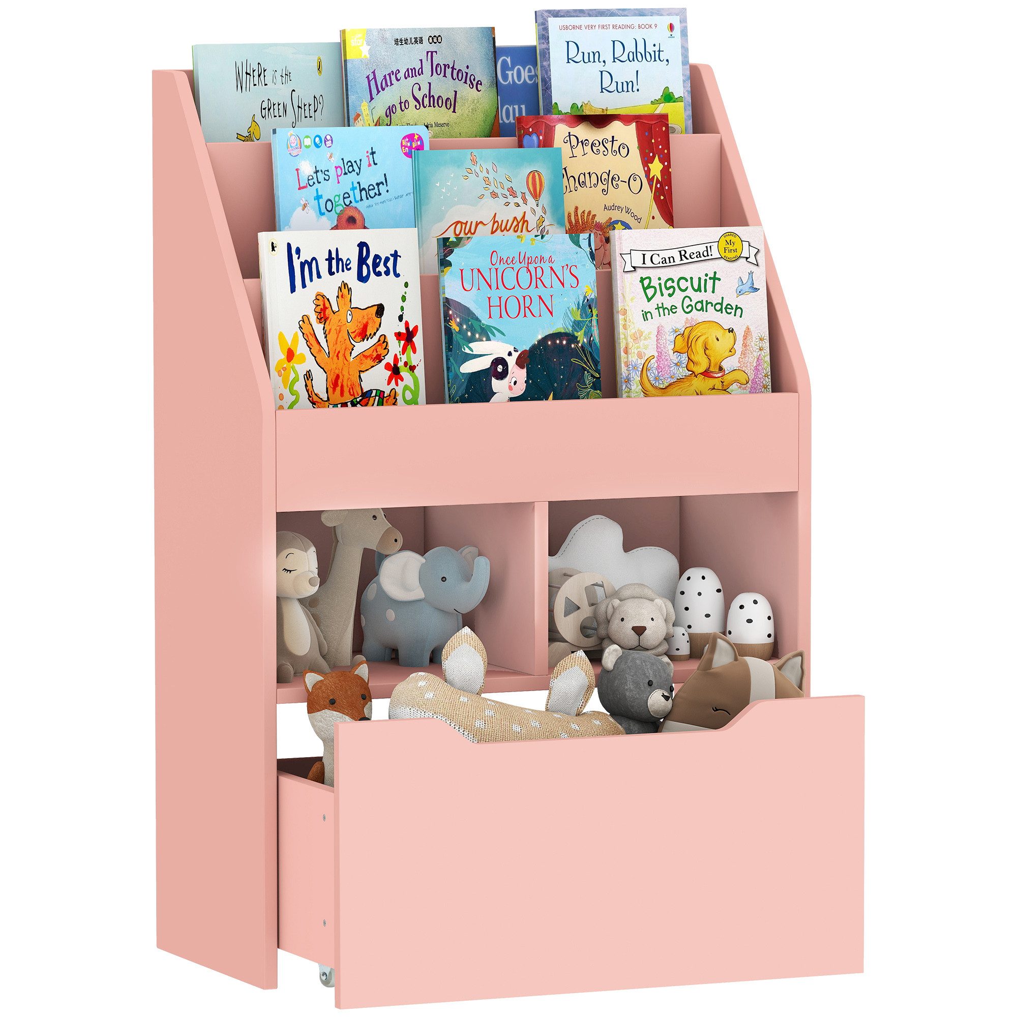HOMCOM Kinderregal Kinder Bücherregal mit Schublade, 3 Ablagefächern, Aufbewahrungsregal 1-tlg., für Kinderzimmer, Spielzimmer, Rosa, 60 x 29,9 x 90 cm