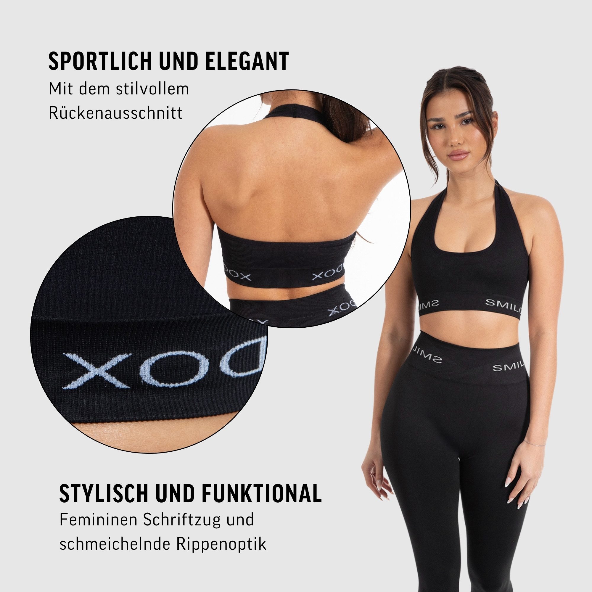 Smilodox Sport-BH Azura, Seamless Sport Top Rückenfrei Starker Halt Fitness Alltag Scrunch Bra ohne Bügel Atmungsaktiv Yoga Gym Bustier Schriftzug – Bild 5 von 5