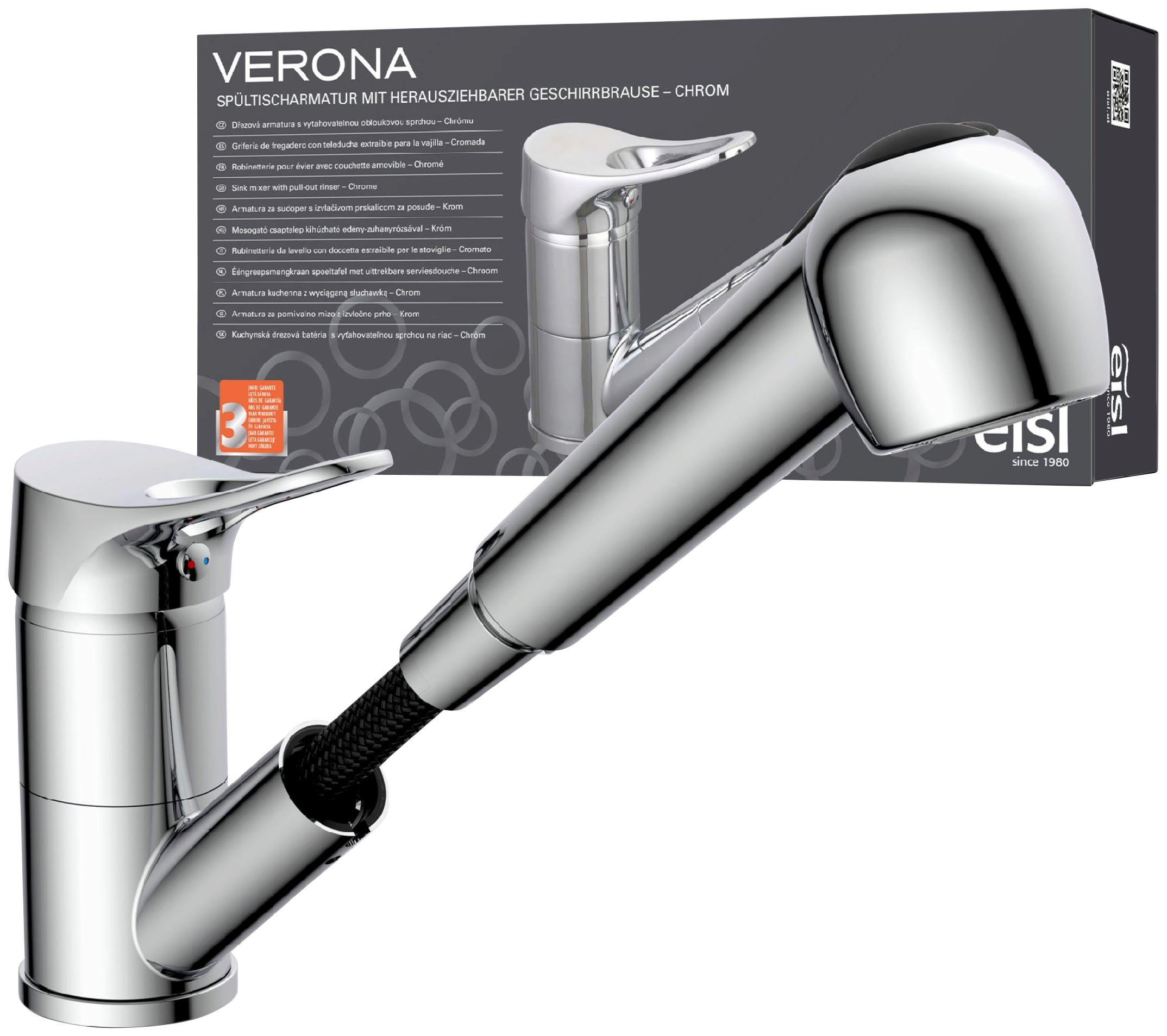 Eisl Spültischarmatur Verona mit Geschirrbrause, Wasserhahn ausziehbar, 360° schwenkbar, Chrom